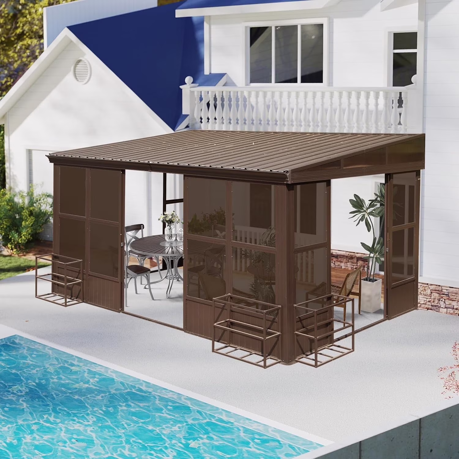 Domi Outdoor Living 10' x 12' Hardtop Lean-to Gazebo, Wall-Mounted with Galvanized Steel Roof Wall Pergola with Aluminum Frame, Curtains and Netting, for Patio, Deck, Garden, Backyard