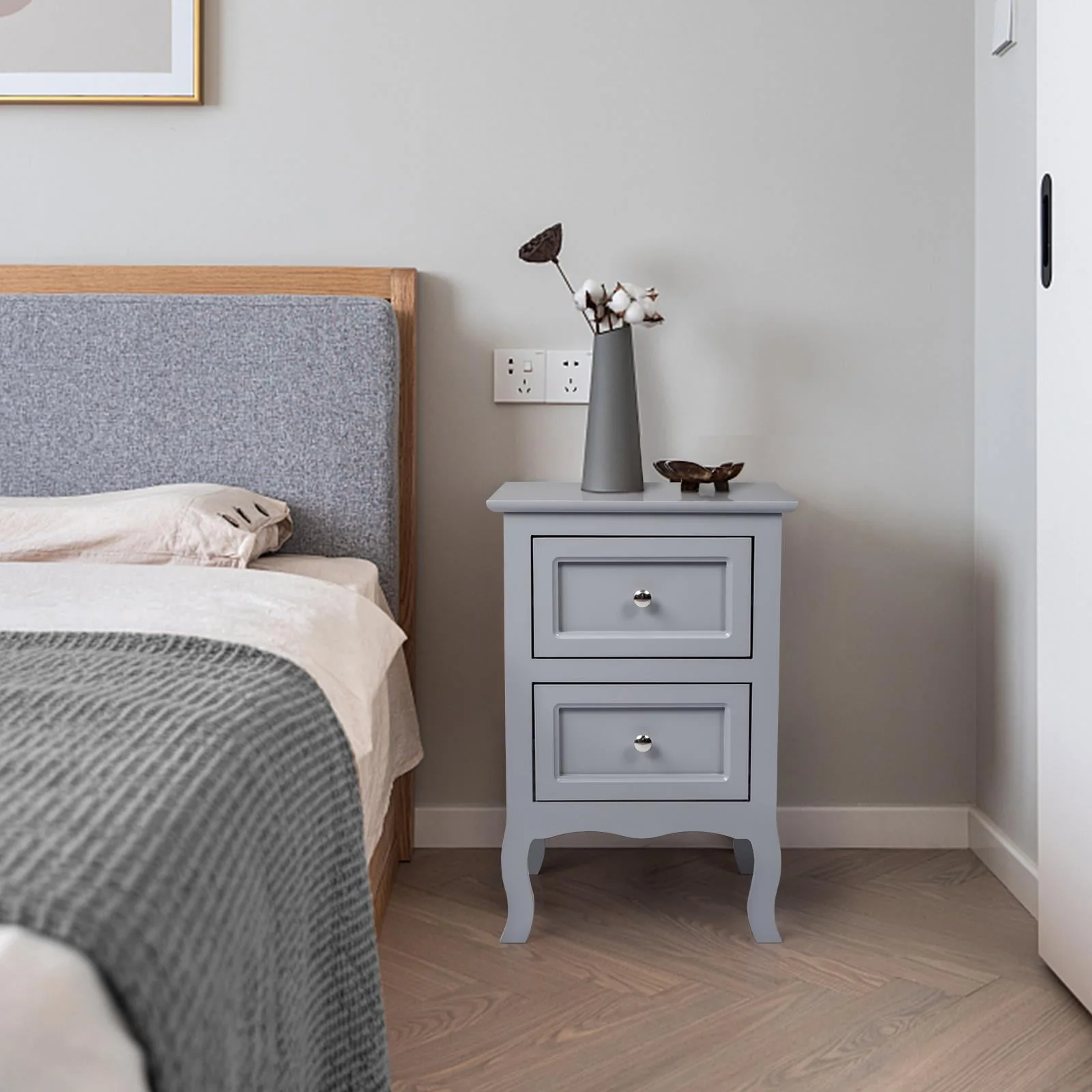 Nightstand, Bedside Table with 2 Storage Drawers, End Side for Bedroom, Country Style Set of 2,Gray(Brown) - Image 3