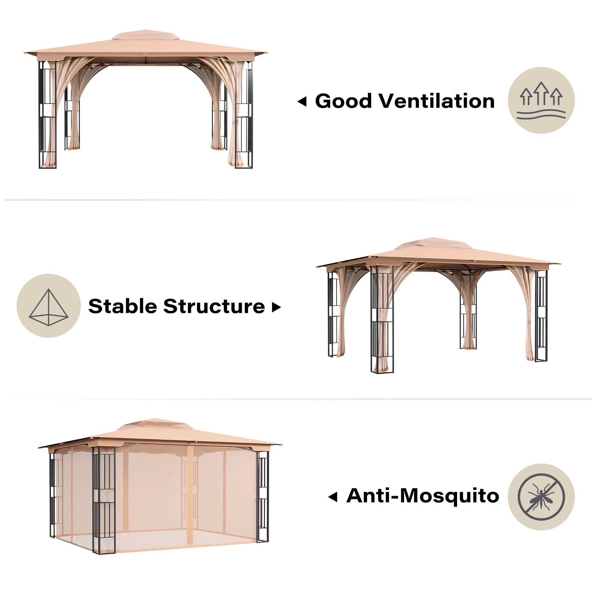 LAUSAINT HOME Patio Gazebo 13'X11', Heavy Duty Gazebos Shelter Party Tent with Double Roofs, Mosquito Nettings for Backyard, Garden, Lawn, (Khaki)