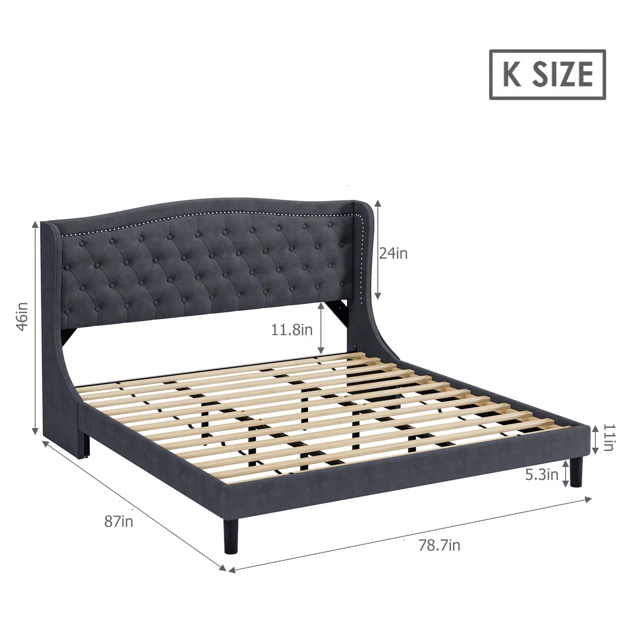 Homfa King Size Bed Frame, 6.3" H Modern Bed Frame with Wing-Back Button Tufted Upholstered Headboard Solid Wood Slats for Bedroom, Dark Gray(Full/Beige)