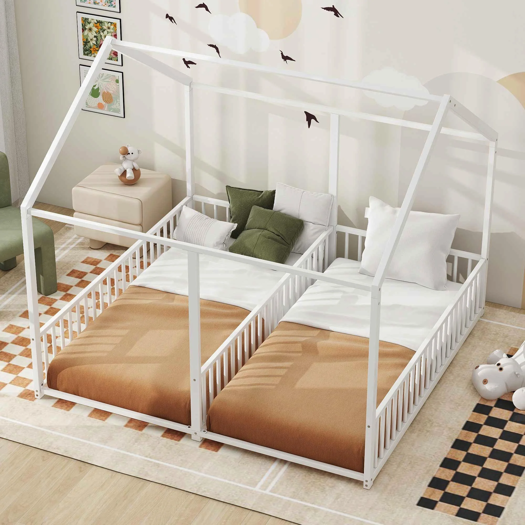 Double Twin Size Floor Bed, Metal Shared Platform Beds for 2 Kids, Montessori House Bed for Toddler Boys Girls Teens(White)(White) - Image 4