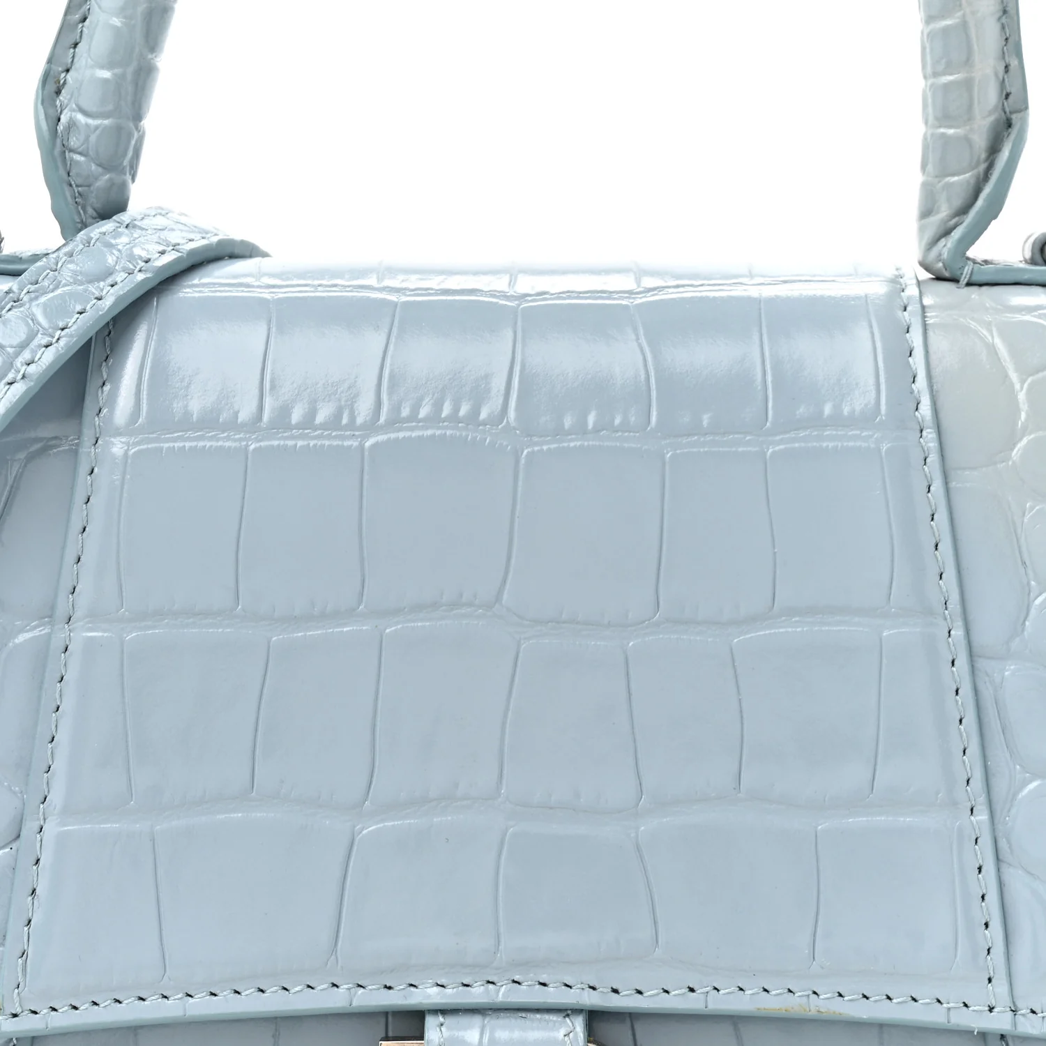 Shiny Calfskin Crocodile Embossed Small Hourglass Top Handle Bag Blue Grey