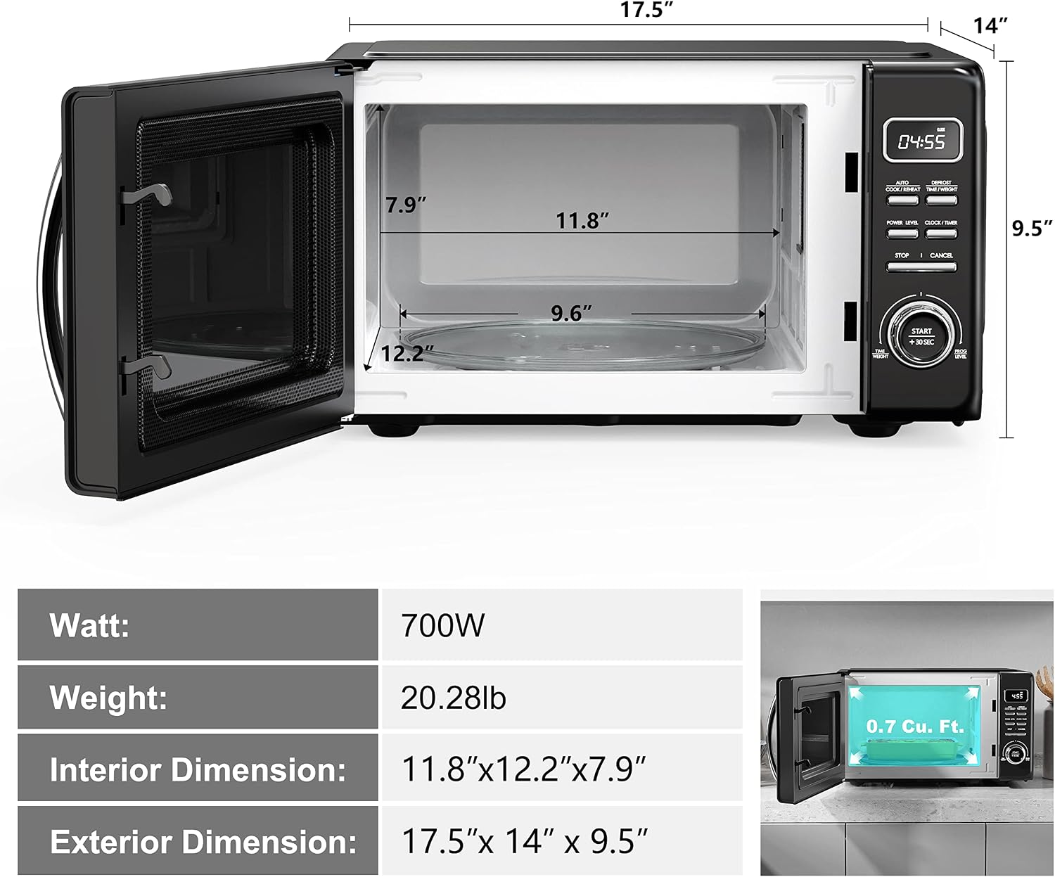 Galanz GLCMKZ07BKR07 Retro Countertop Microwave Oven with Auto Cook & Reheat, Defrost, Quick Start Functions, Easy Clean with Glass Turntable, Pull Handle. 7 cu ft, Black