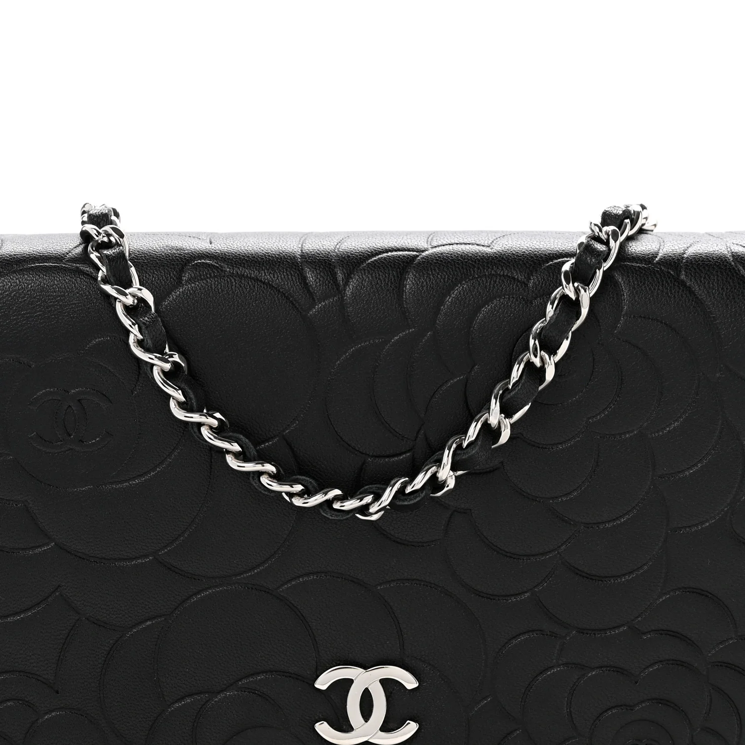 Lambskin Camellia Embossed Wallet On Chain WOC Black