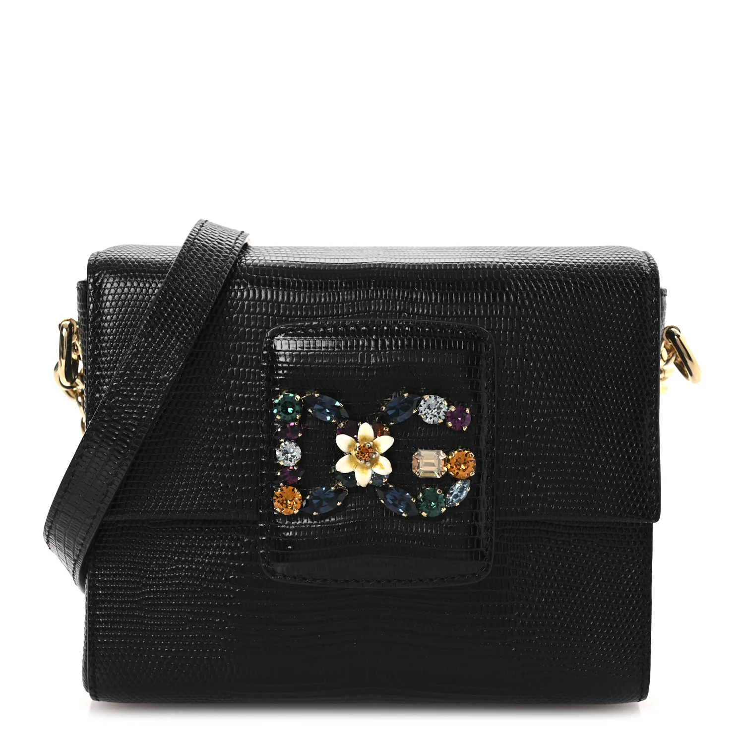 Lizard Embossed Crystal Embellished DG Millennials Mini Crossbody Bag Black