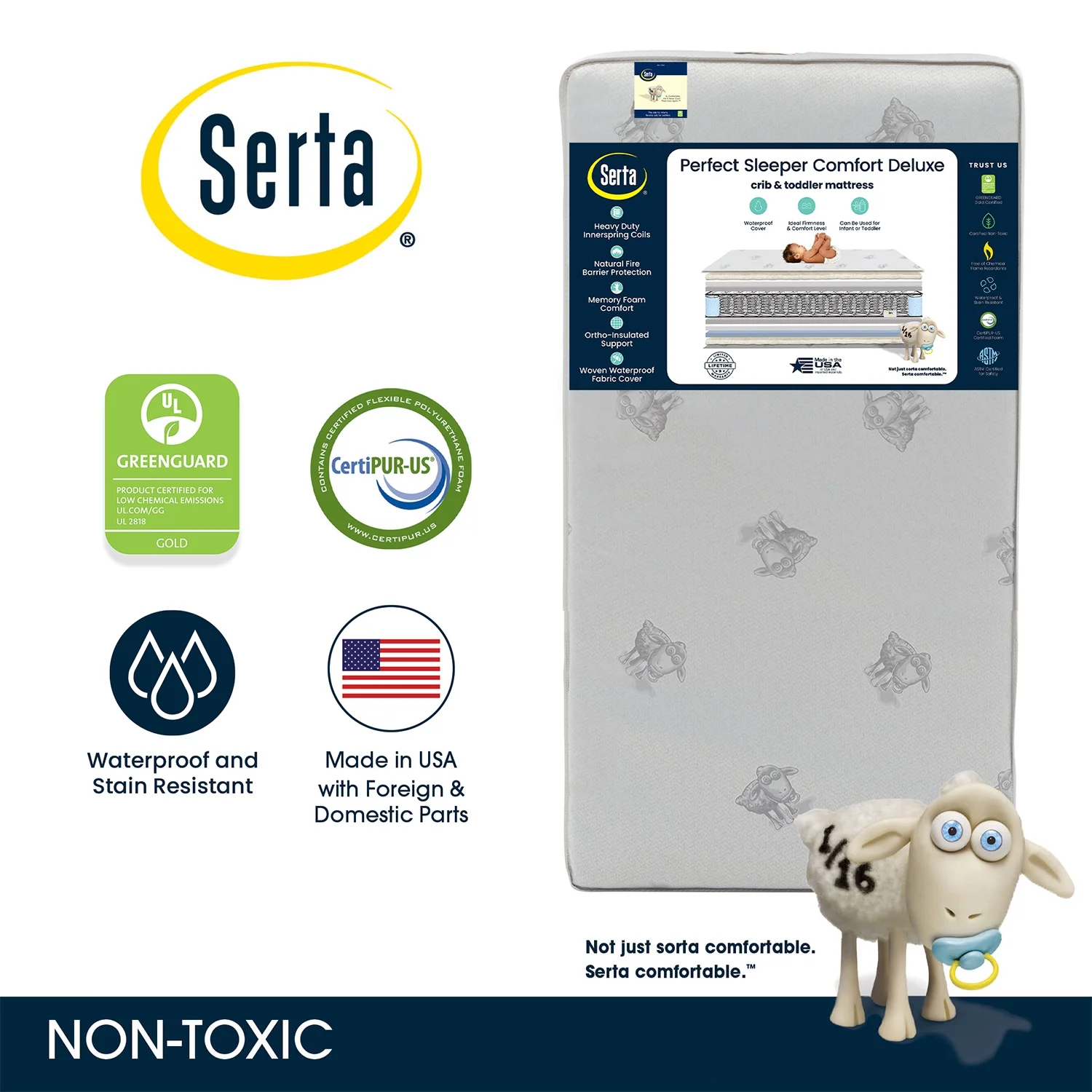 Serta Perfect Sleeper Comfort Deluxe 2 - Stage Crib and Toddler Mattress - 220 Inerlocking Coils - GREENGUARD Gold Certified - Certipur - US - Made in USA - Lifetime Warranty