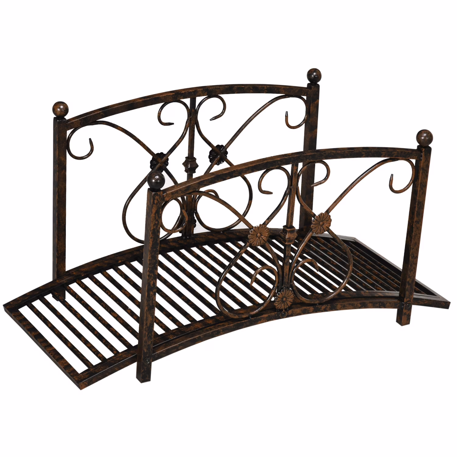 3.3Ft Metal Arch Zen Garden Bridge: Decorative Footbridge with Safety Rails for Stream, Fish Pond, Brown