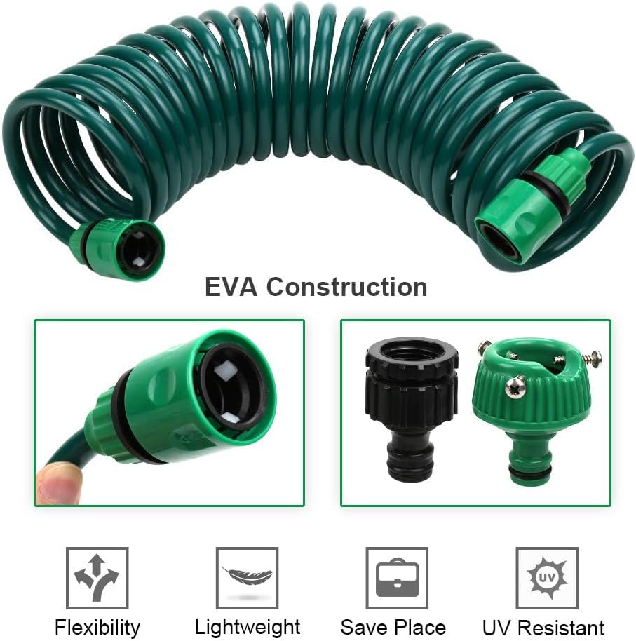 EVA Recoil Garden Hose 25ft - Includes 7 Pattern Spray Nozzle, Retractable Curly Water Hose (green)