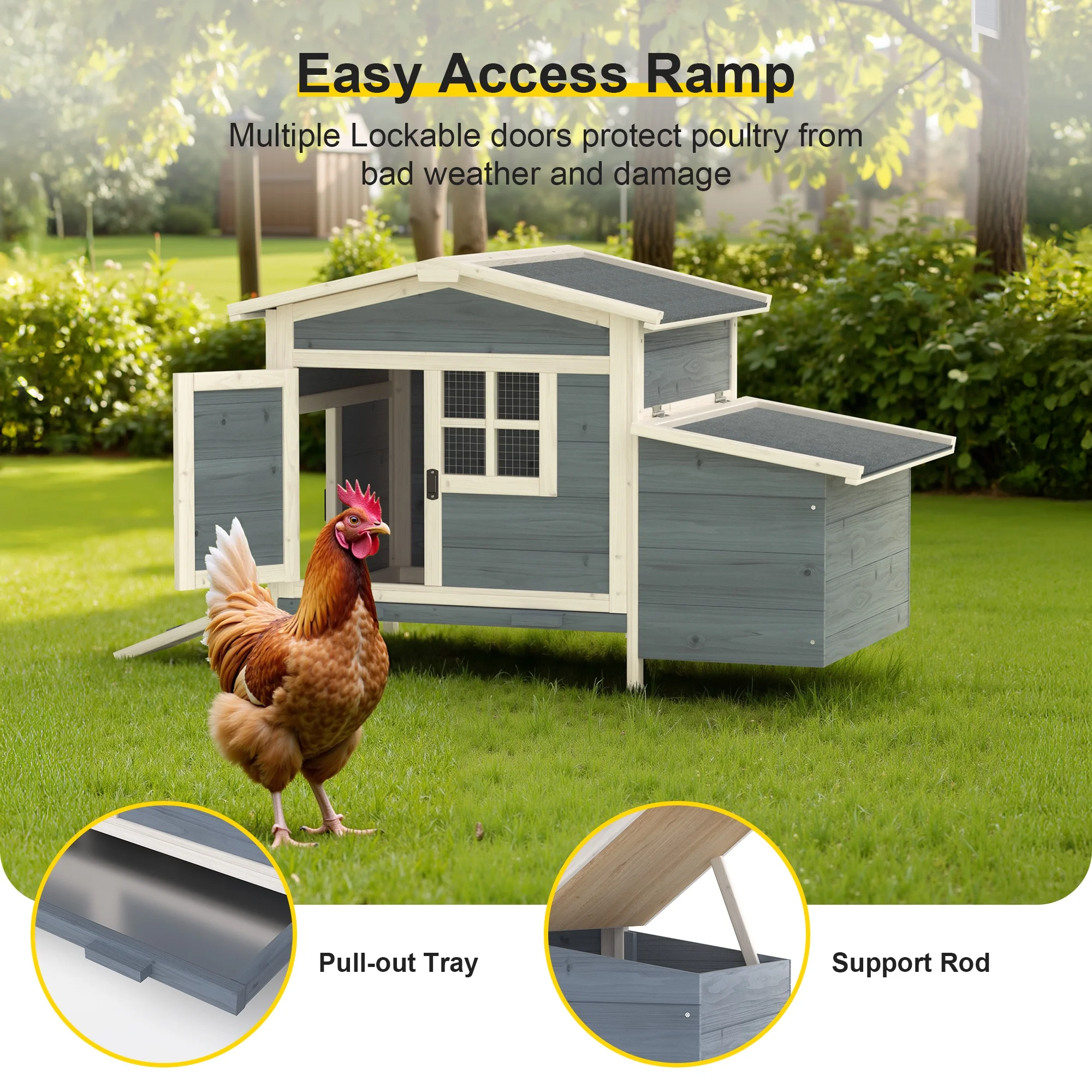 Outdoor Chicken Coop Rabbit Hutch Wooden Hen House w/ Nesting Box Tray Poultry Cage for Outdoor Indoor(Gray) - Image 4