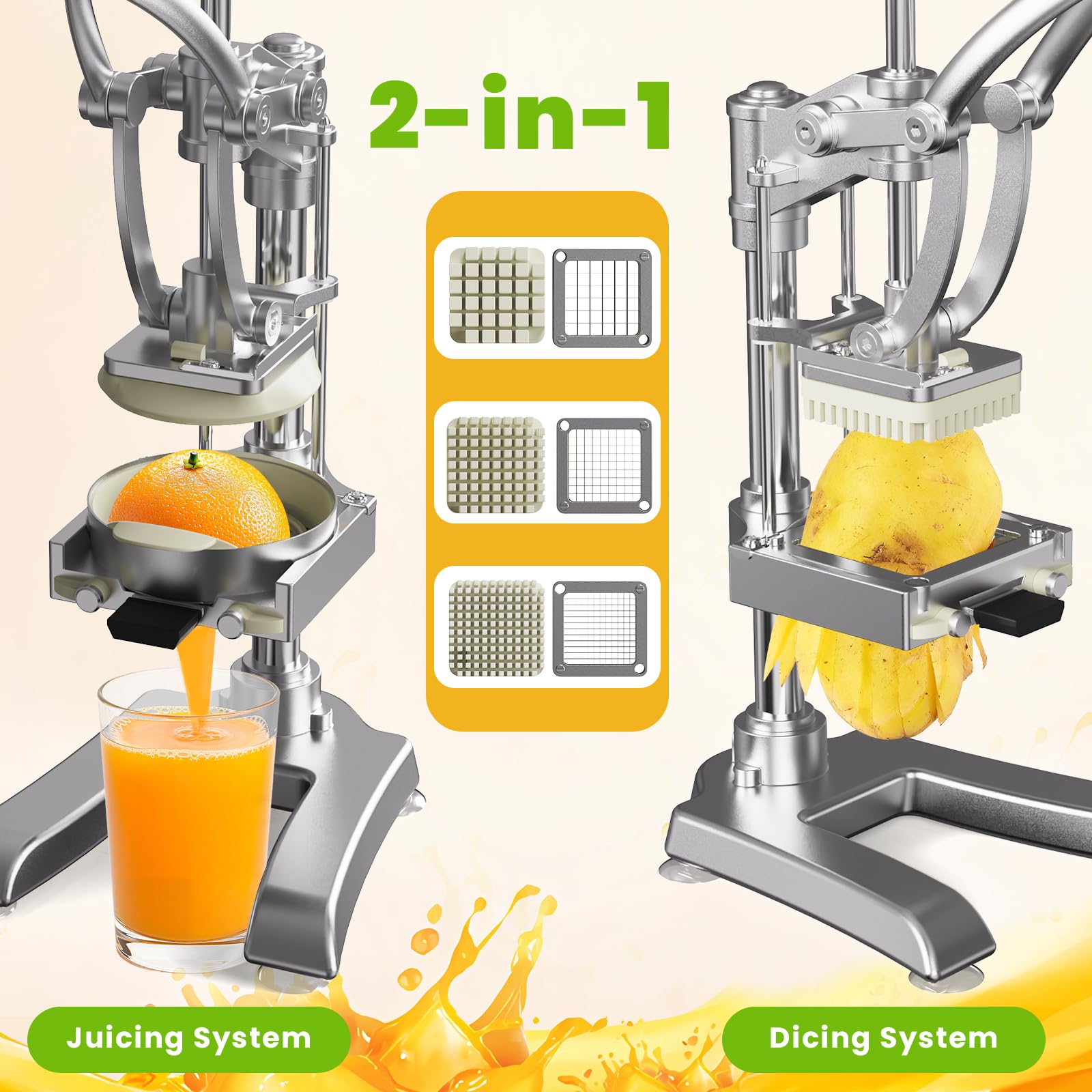 2-in-1 Commercial Manual Juicer & Vegetable Chopper, 3 Blades