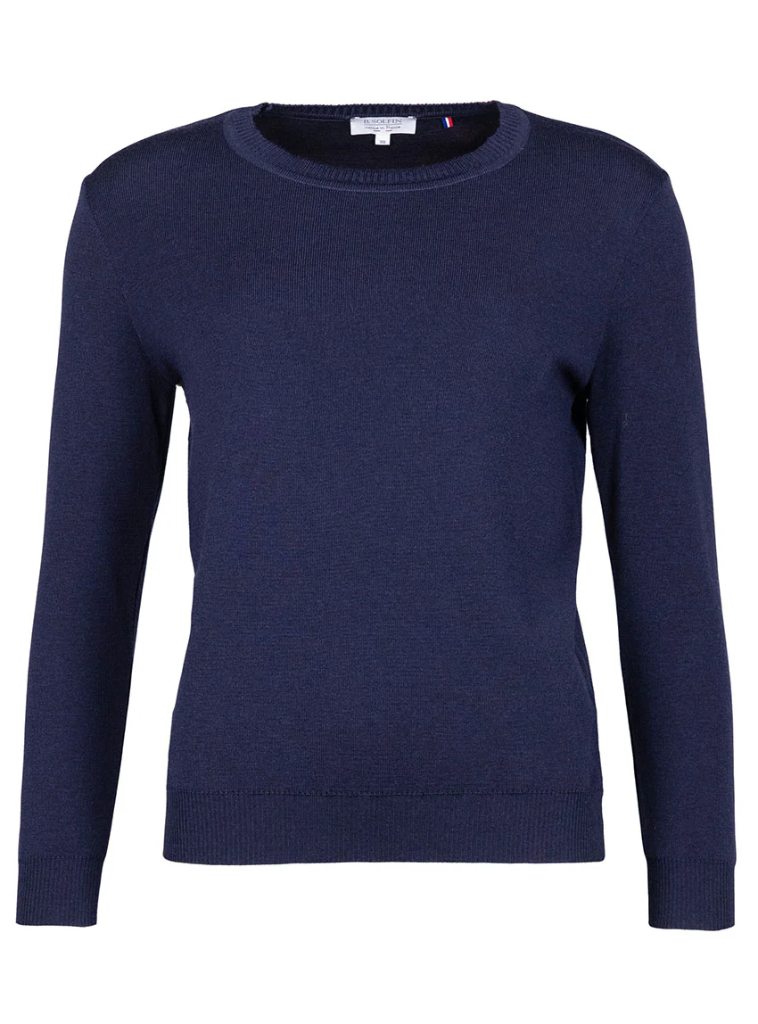 Pull femme en laine mérinos col rond bleu marine