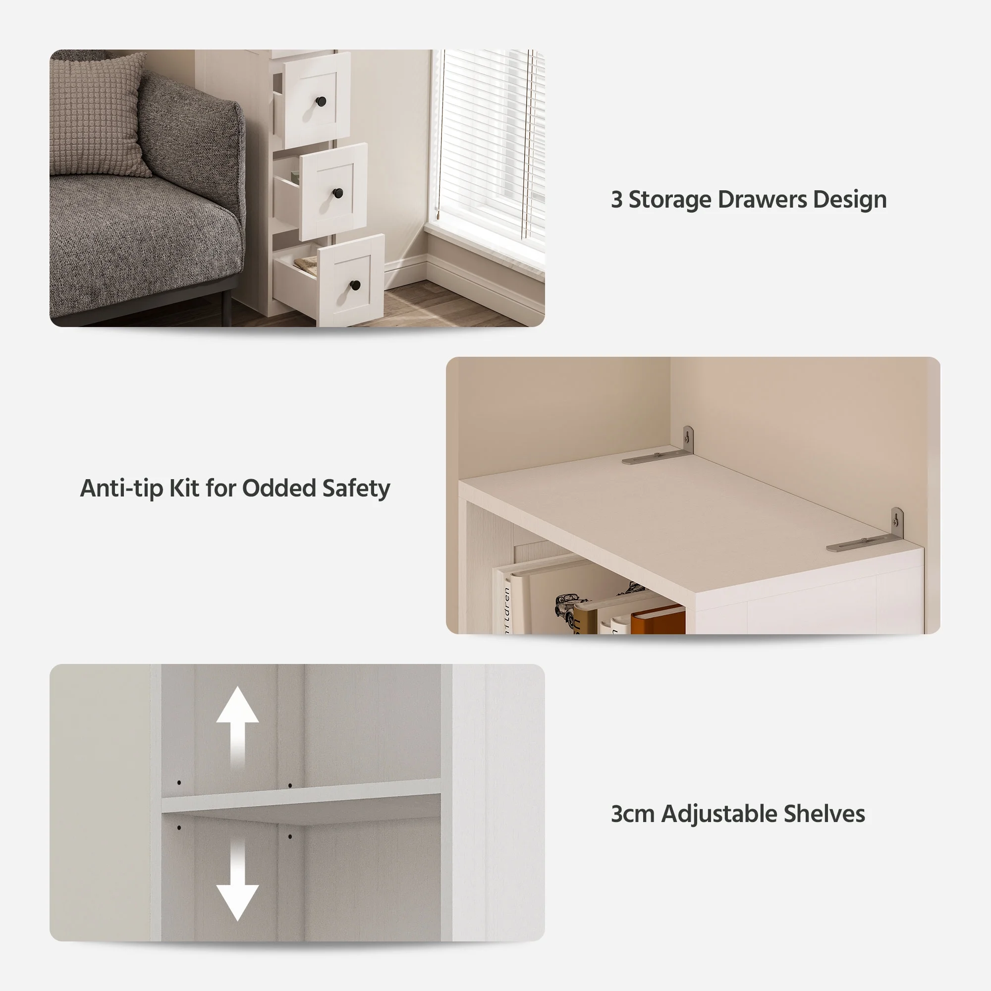 Bathroom Storage Cabinet, Tall Thin White Storage with 2 Adjustable Shelves 3-level Drawers for Home, Kitchen - Image 4