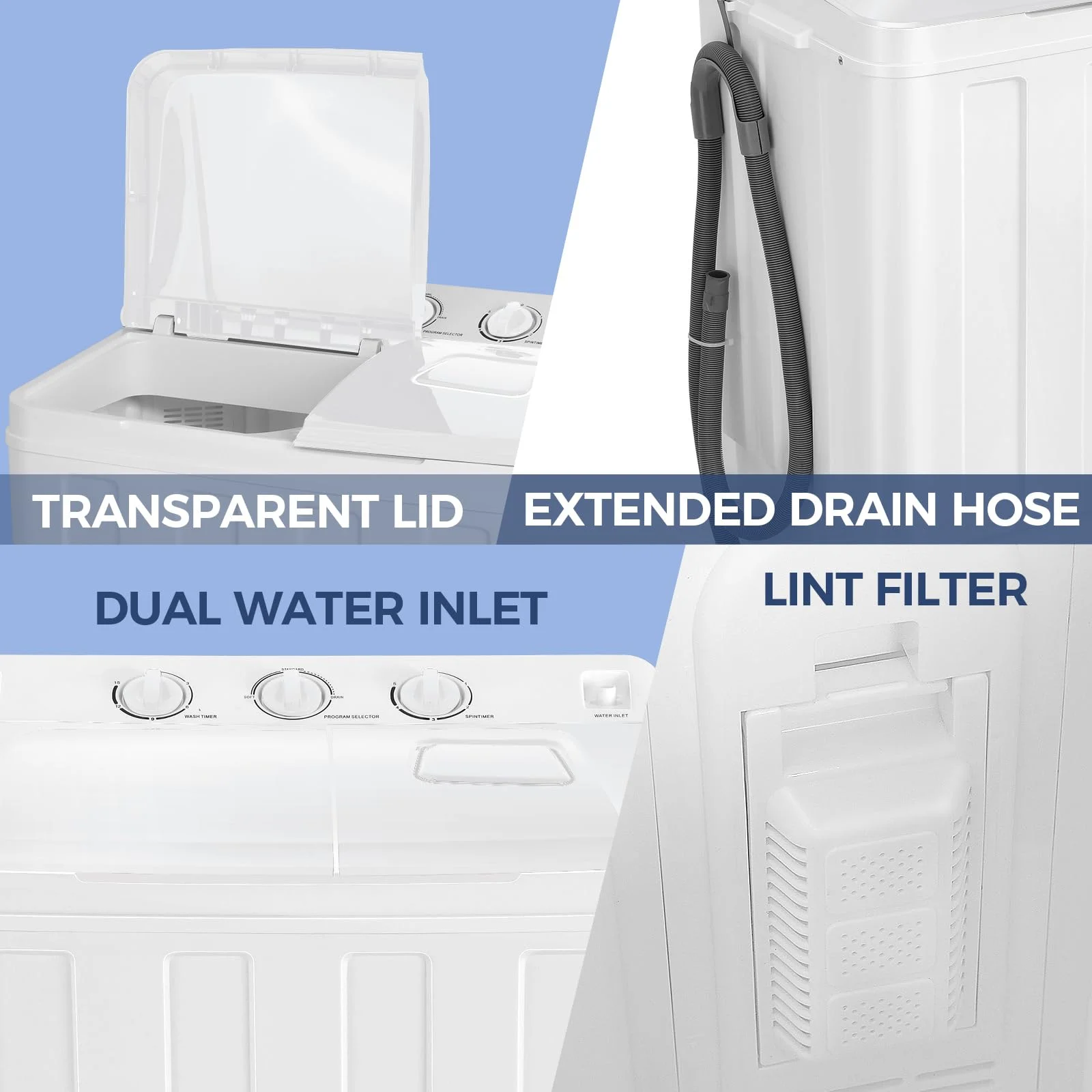 Portable Washing Machine, 30LBS Twin Tub Mini Compact Laundry 19lbs Washer/11lbs Spinner with Drain Pump Time Control Washer Spinner Combo, White(30LBS White) Image 7