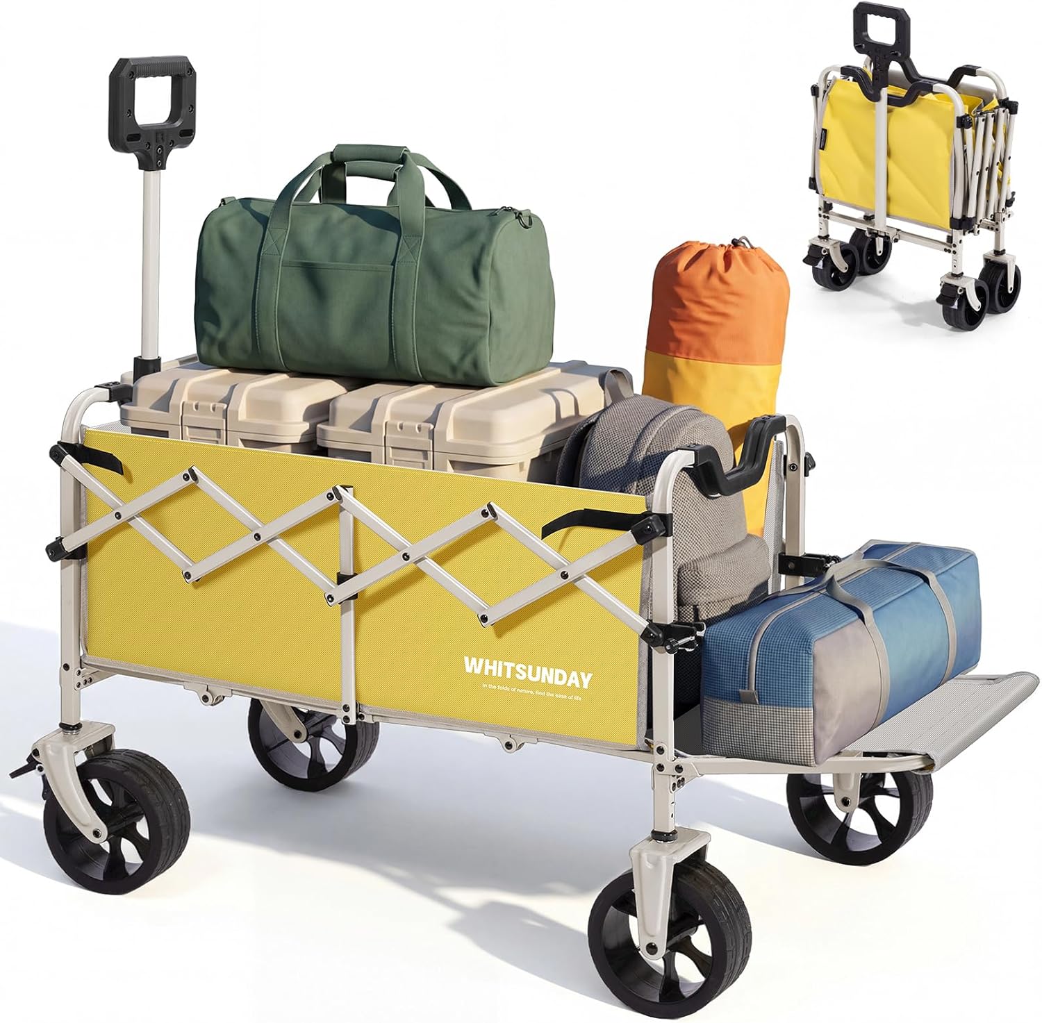 Collapsible Folding Wagon Cart, Heavy Duty Utility Wagons with Tailgate & Wheels, Portable Utility Cart for Camping, Garden, Beach, Sports Yellow
