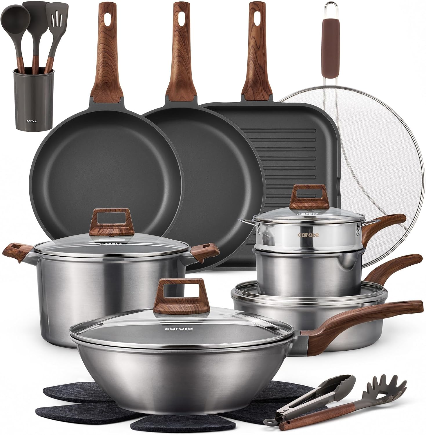 CAROTE 21pcs Pots and Pans Set, Nonstick Cookware Sets, with Egg Pan