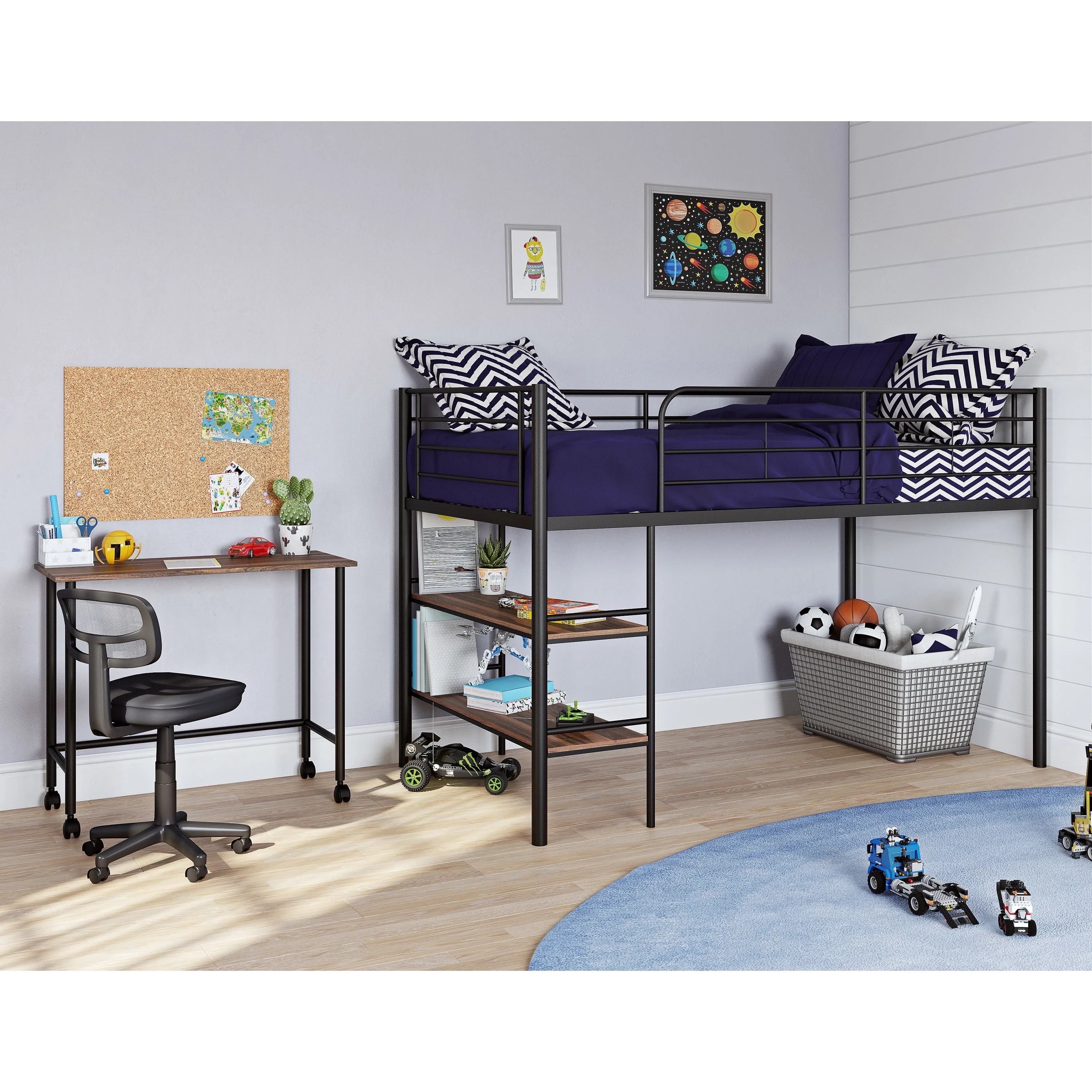 Your Zone Beckett Kids Metal Twin Loft Bed with Open Book Shelf, Multiple Finishes(Black)