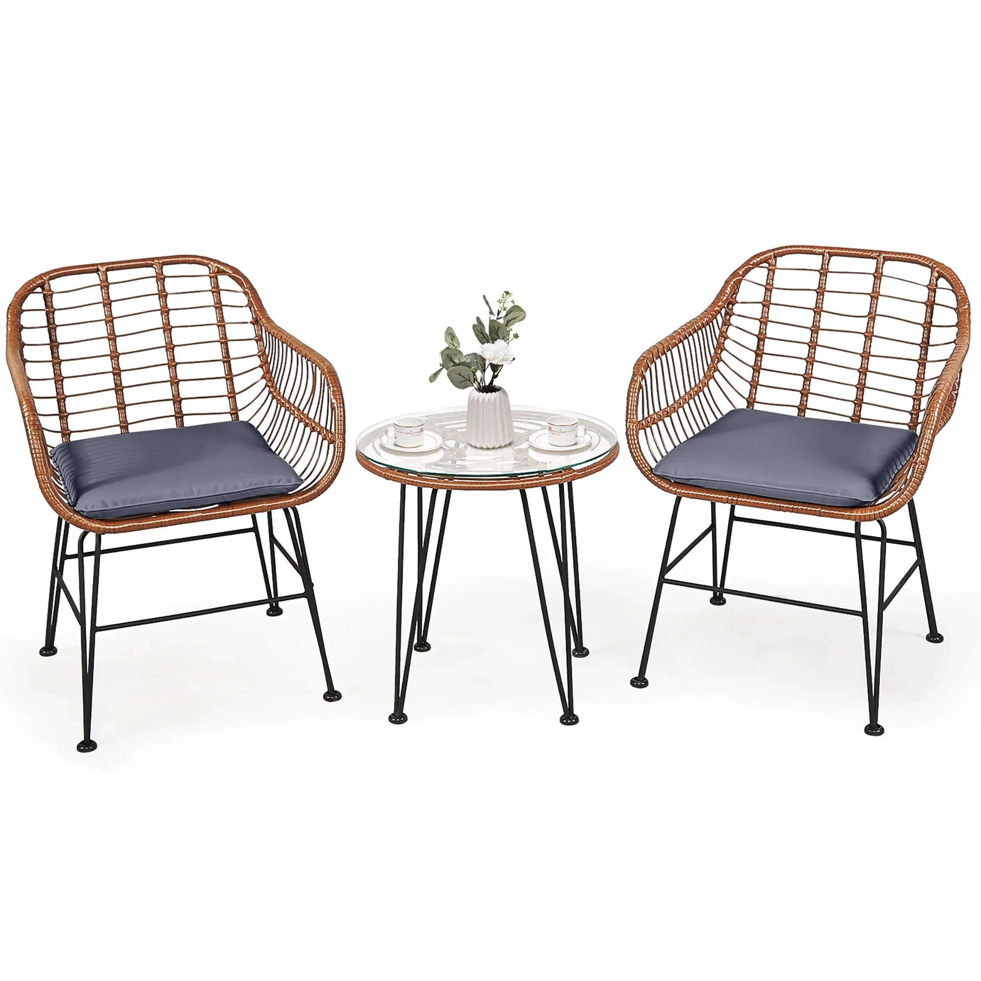 Costway 3PCS Patio Rattan Bistro Set Coffee Table Armchair Garden Red Cushion