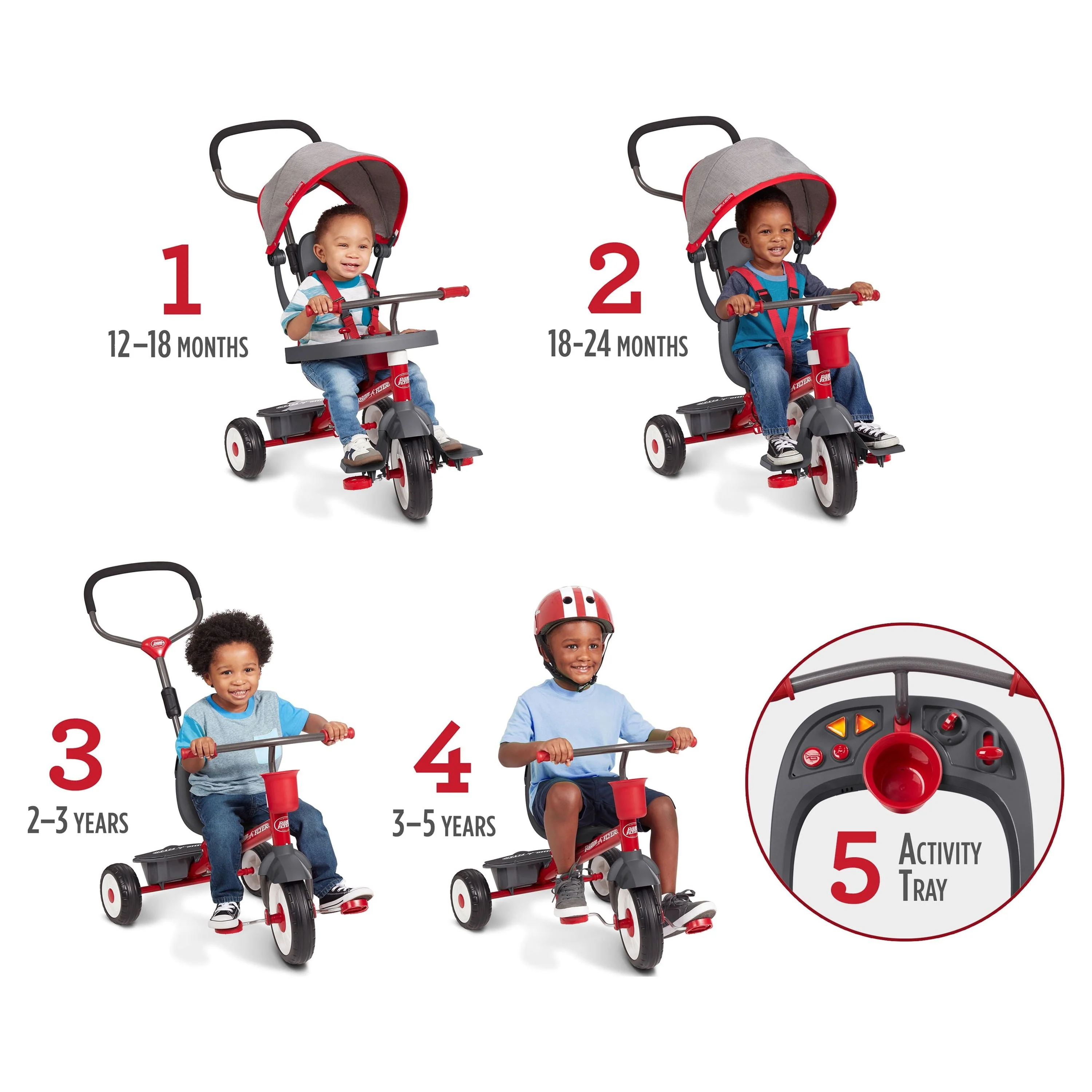 Radio Flyer, 4 - in - 1 Stroll 'N Trike with Activity Tray, Red & Gray, Convertible Tricycle