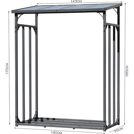 Quick-Star – Abri à bûches extérieur 143 x 70 x 185 cm – Structure en acier 30 mm – Toit en polycarbonate 6 mm – Capacité 1,8 m³ pour bois de 33 cm