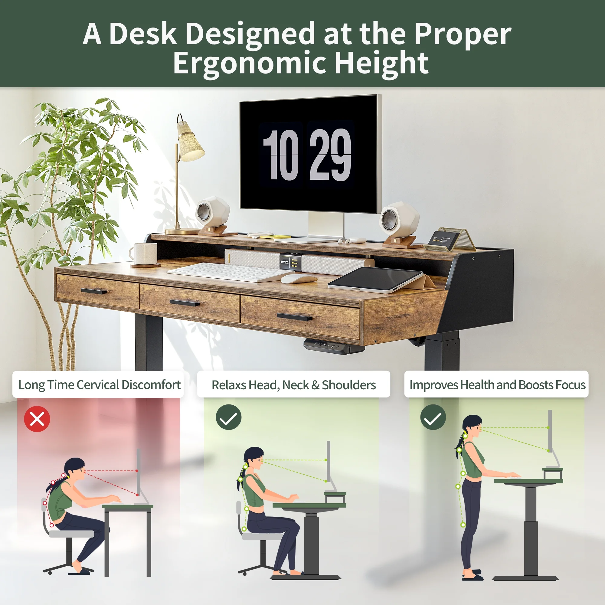 Electric Standing Desk with 3 Drawers Monitor Shelves, 48 x 26 inches Sit Stand Home Office Desk, Rustic Brown(48"/Rustic Brown) - Image 5