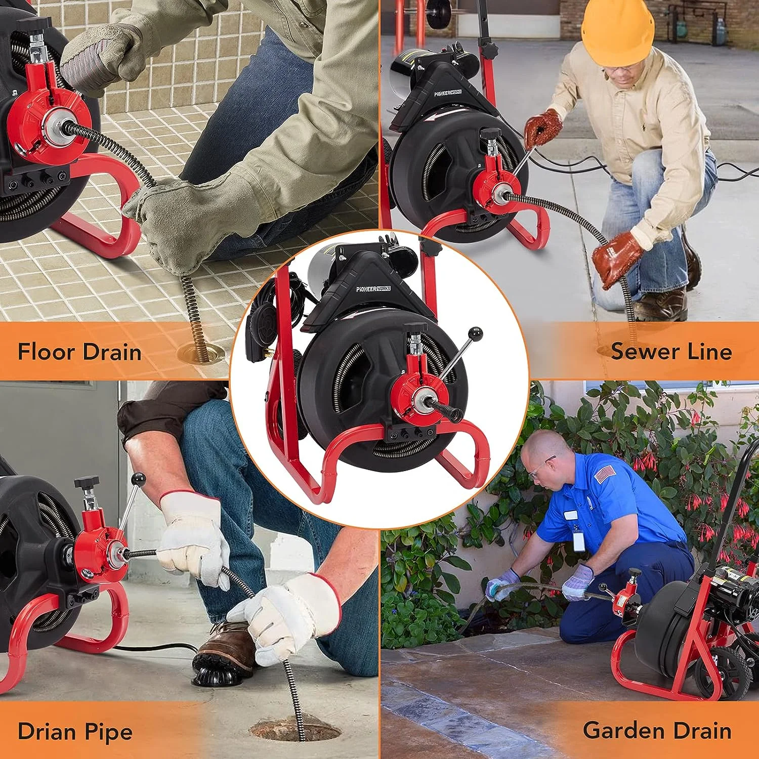 75Ft x 1/2 Inch Drain Cleaner Machine, Auto-feed Electric Drain Auger Professional for 2 to 4 Inch Pipes, with 6 Cutters, Glove, Drain Auger Cleaner Sewer Snake(75Ft x 1/2 Inch) - Image 6