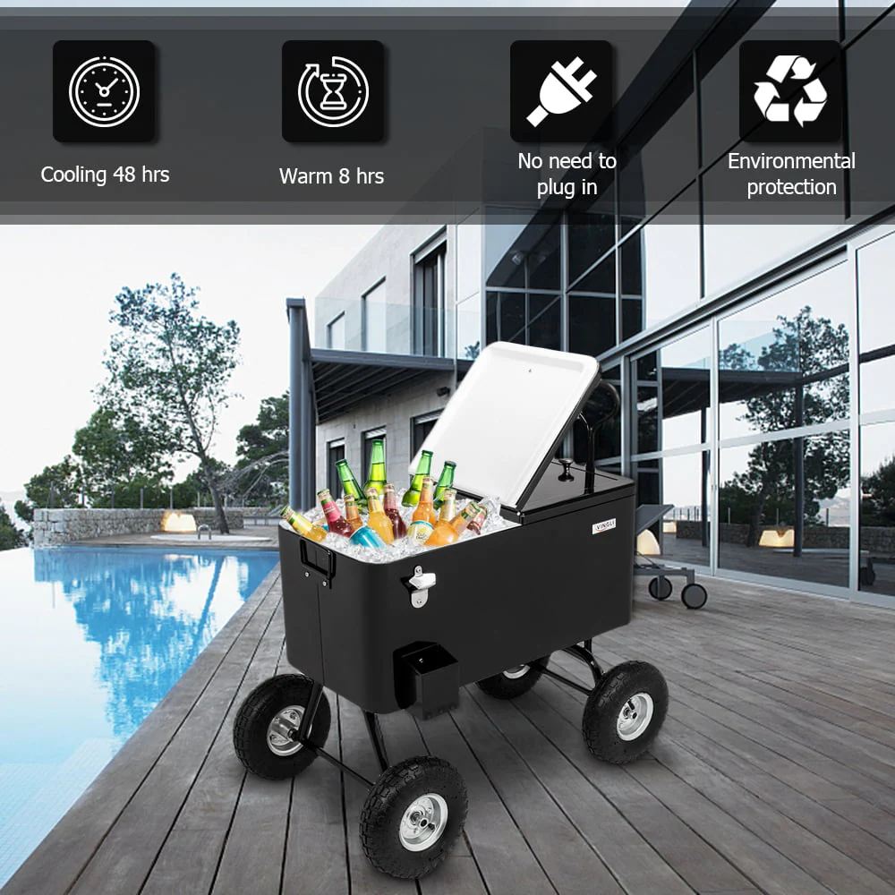 VINGLI 80 Quart Wagon Rolling Cooler Ice Chest, w/Long Handle and 10" Wheels, Portable Beach Patio Party Bar Cold Drink Beverage , Outdoor Park Cart on Wheels Image 3