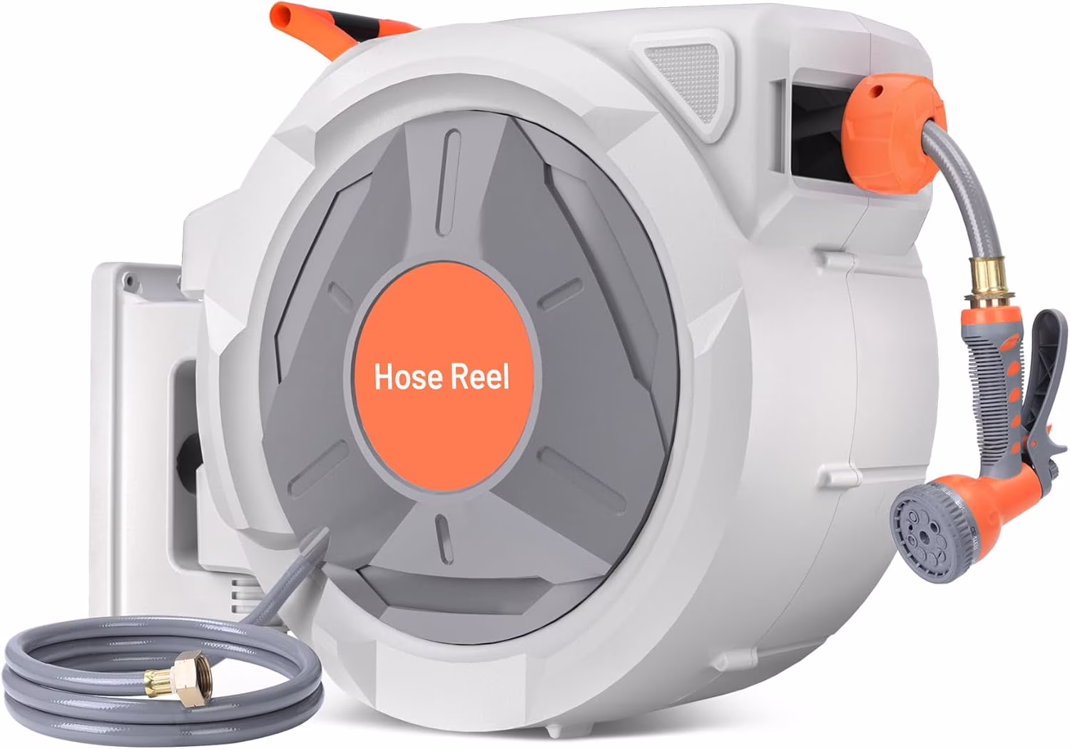 Auto-Retract Wall-Mounted Garden Hose Reel w/9-Pattern Nozzle, 180�� Swivel & Any-Length Lock, 600PSI Durable