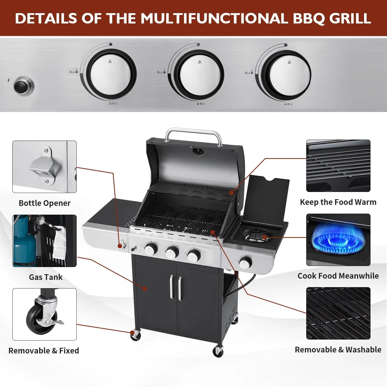 3 Burner BBQ Propane Gas Grill��24,000/36,000 BTU Stainless Steel with Stove and Side Table
