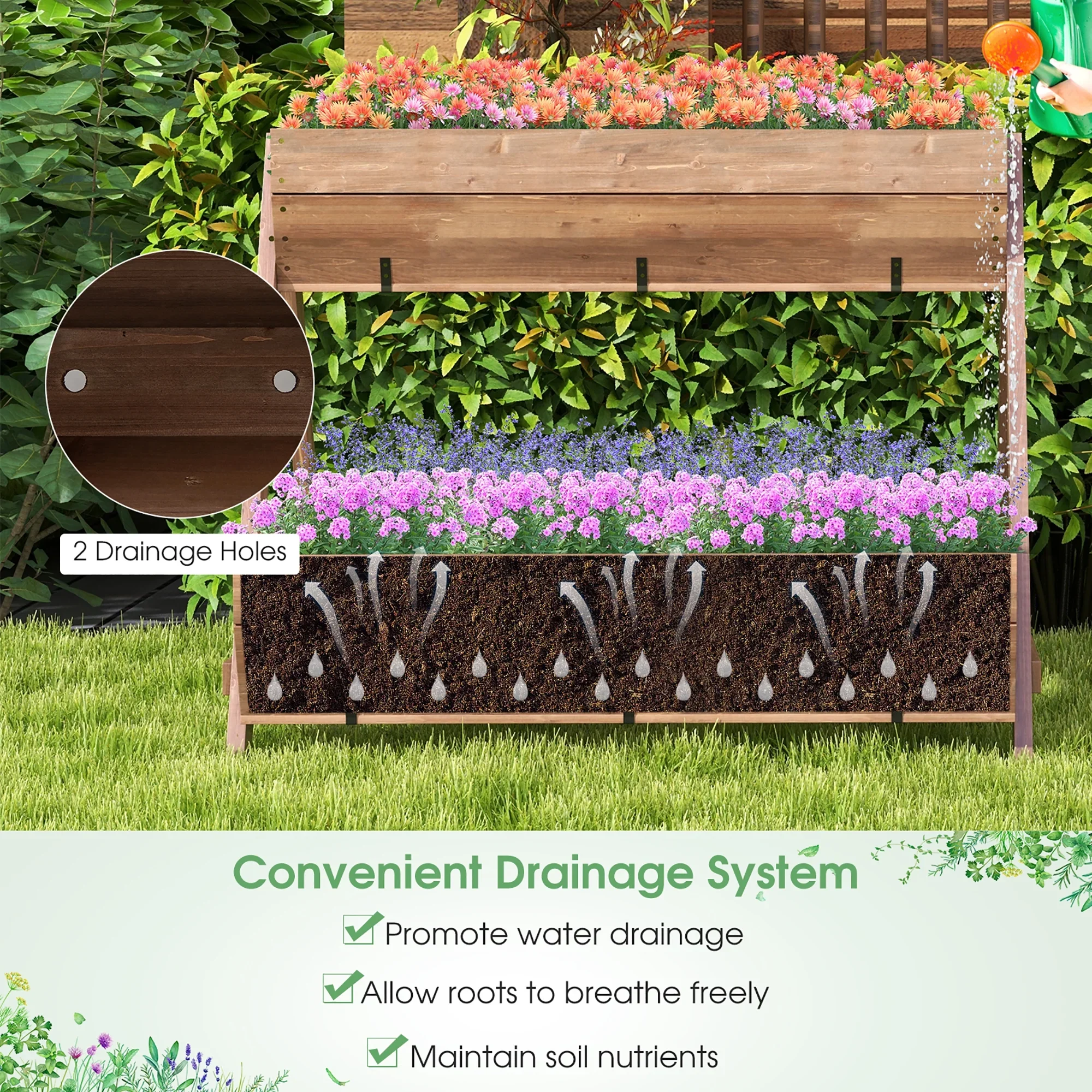 Gymax Vertical Raised Garden Bed Wood Tiered Plant Stand w/ 3 Planter Containers