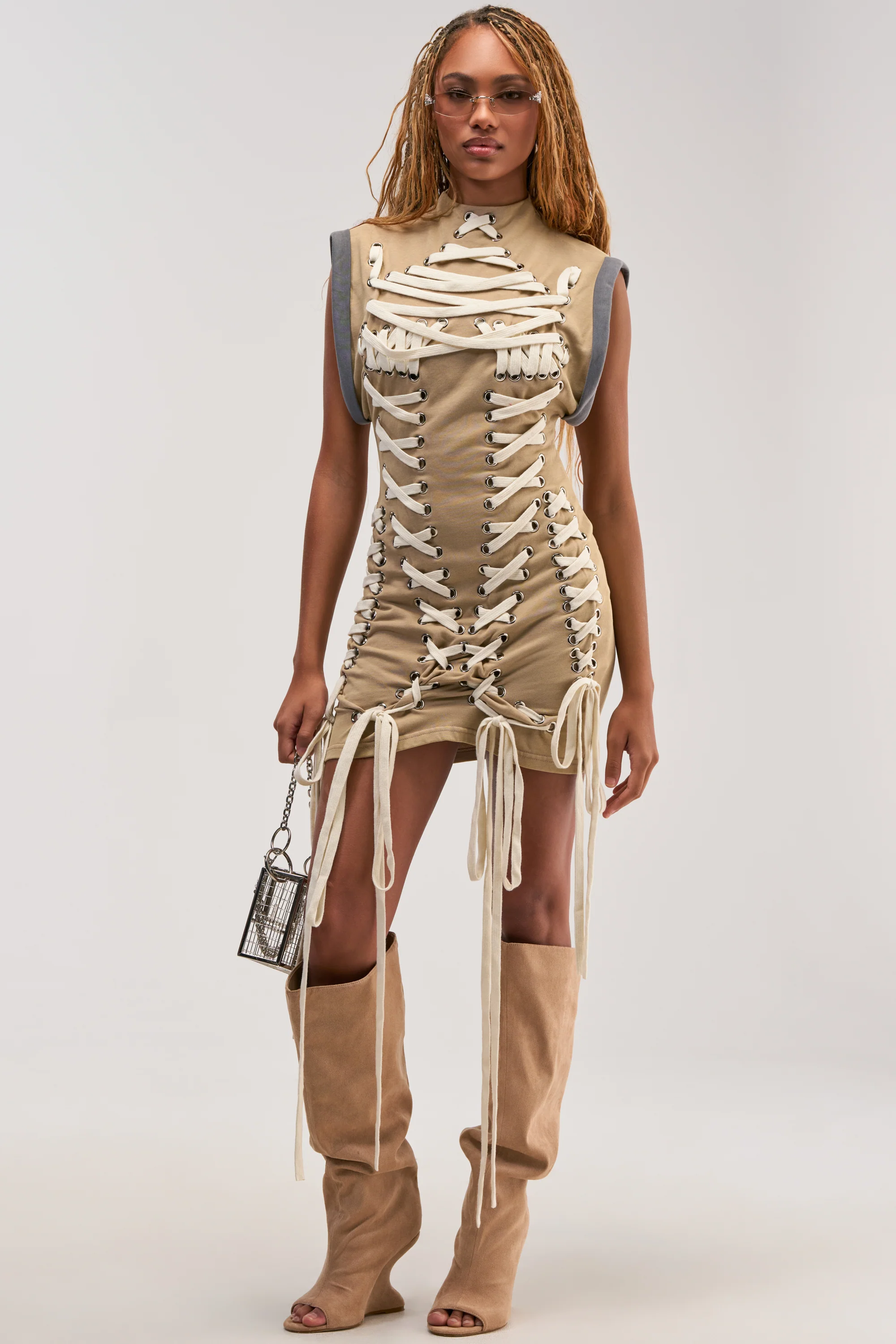 BANKS LACE UP MOCK NECK KNIT MINI DRESS IN DESERT - Akira Store
