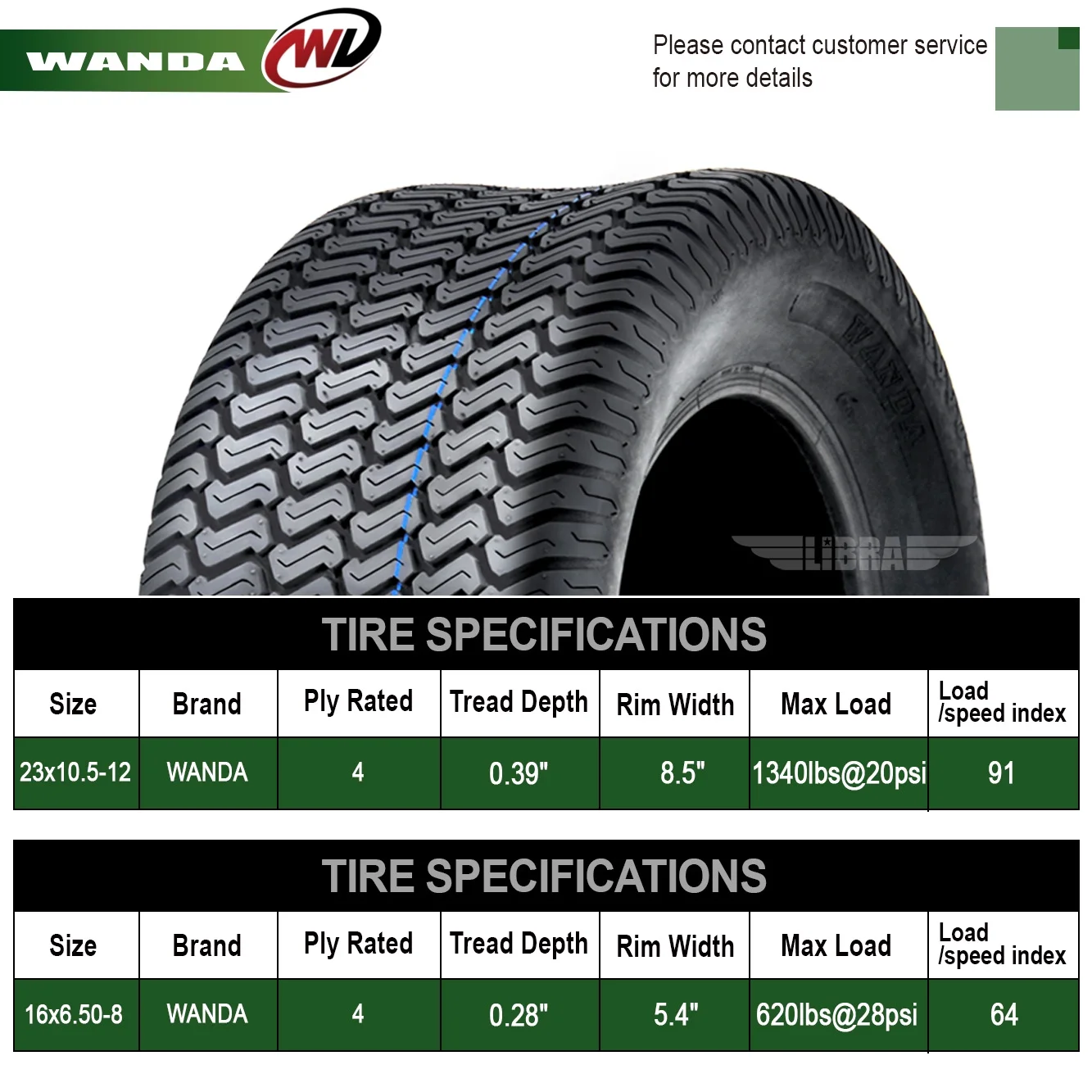 Set of 4 New Lawn Mower Turf Tires 16x6.5 - 8 Front & 23x10.5 - 12 Rear 4PR 13019/49