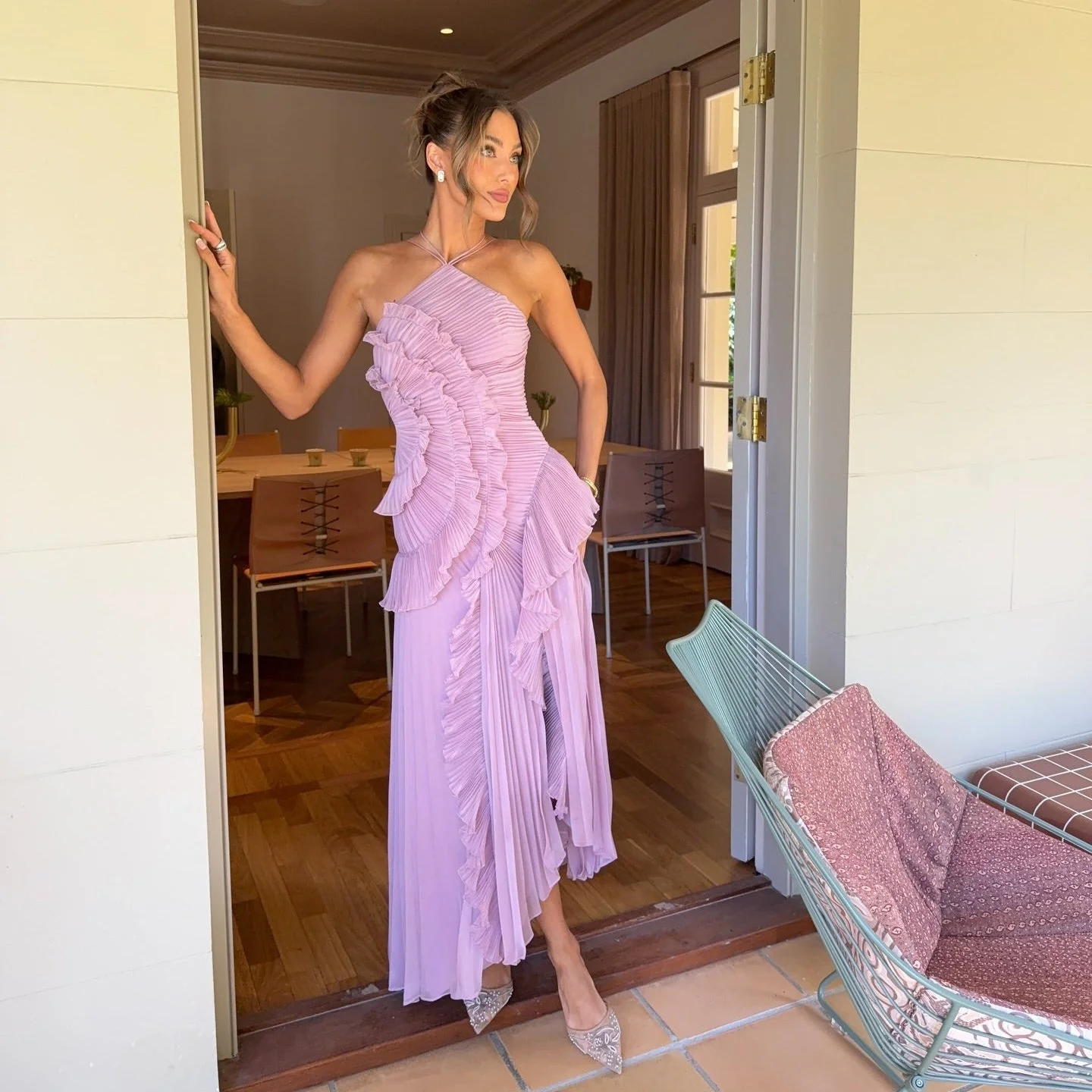 Robe mi-longue plissée en rose thé violet pour femme