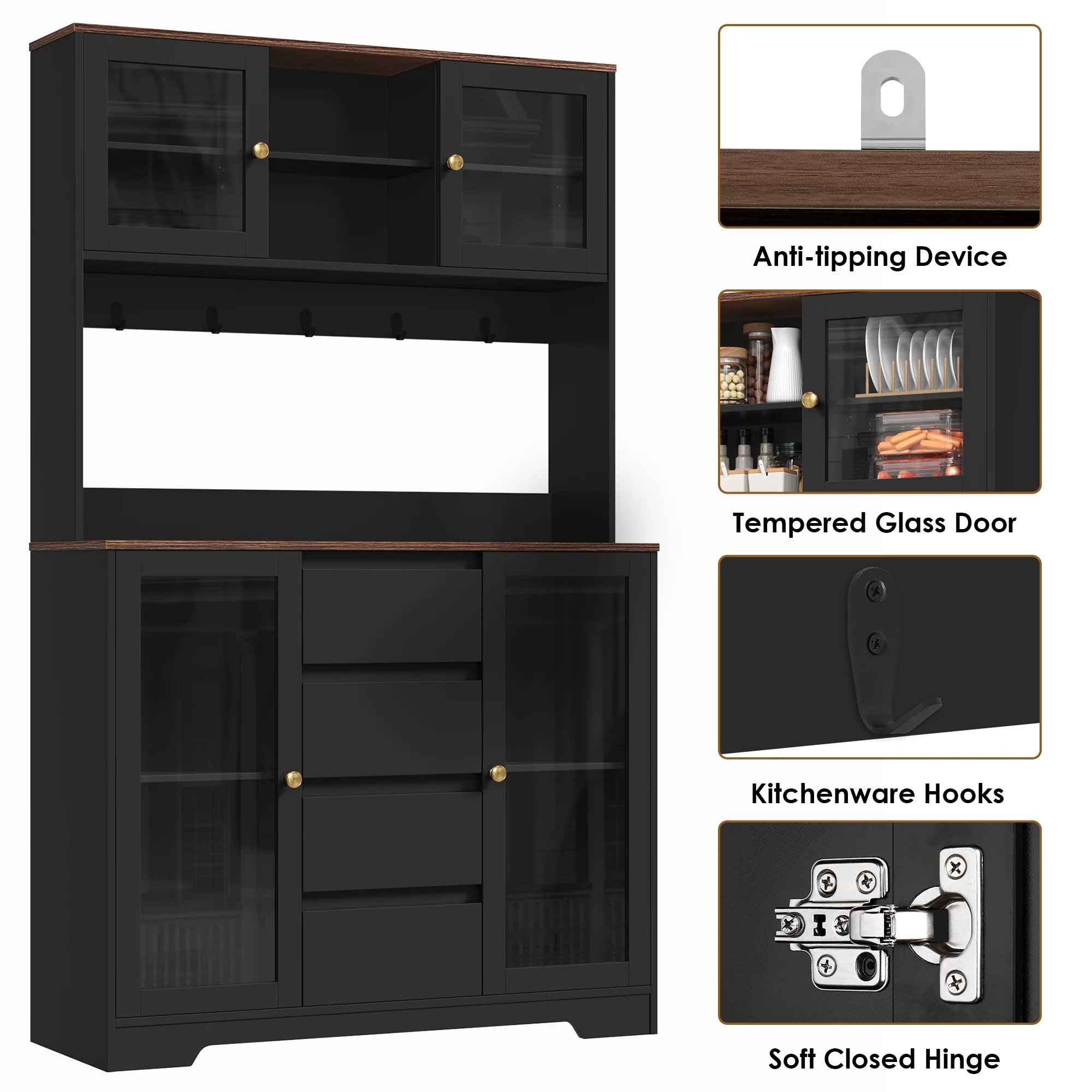 71'' Pantry Hutch with Cabinet Drawers for Kitchen, Glass Doors Storage Cabinet with Adjustable Shelves for Dining Room, Black(Black) Image 6
