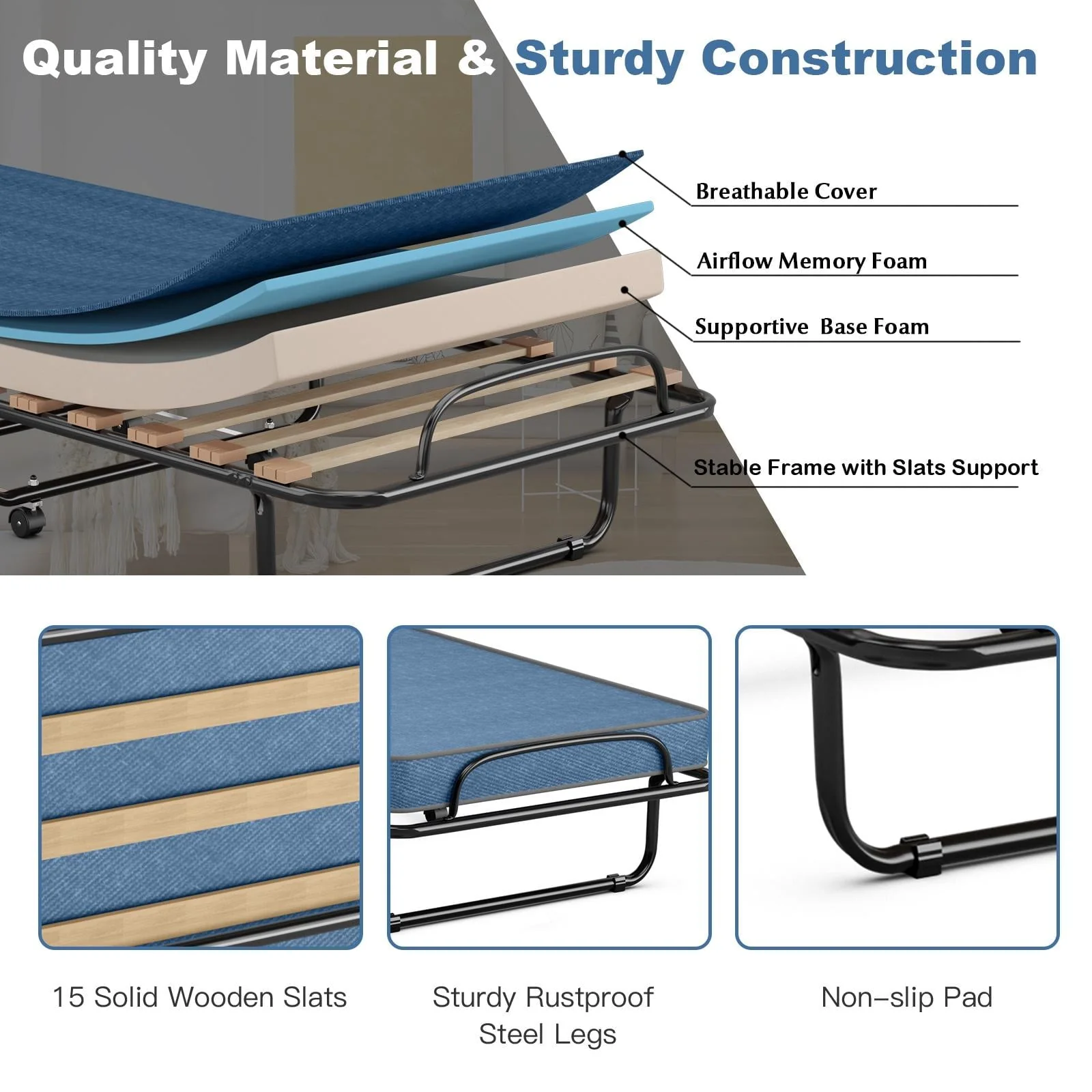 Rollaway Bed with Memory Foam Mattress, Folding Portable Guest Cot Size w/Sturdy Metal Frame for Home, Garden Office, Made in Italy (Navy) - Image 5