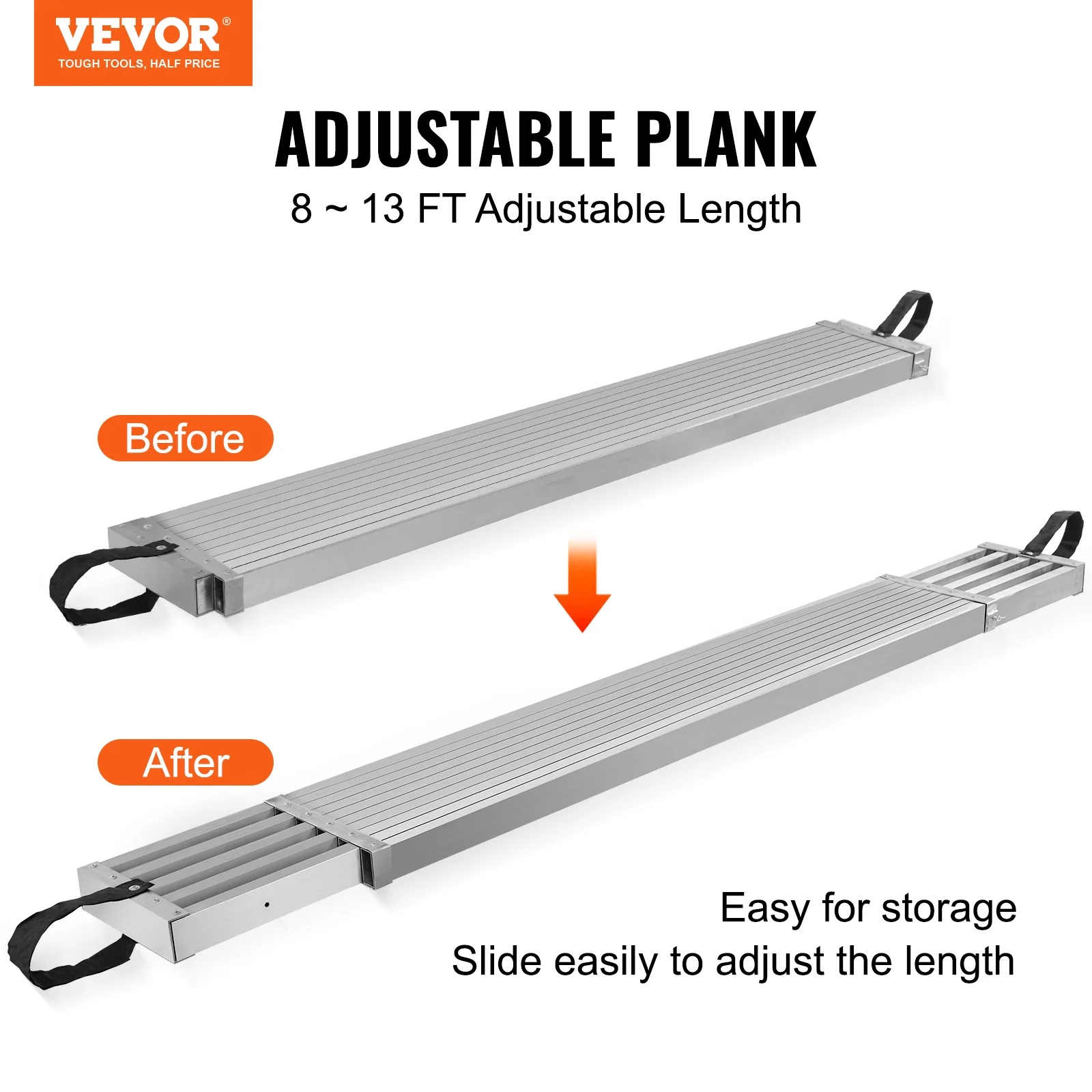 VEVOR Telescoping Aluminum Work Plank, 8 - 13 Feet 500 lb Capacity, 12.5 in Width Aluminum Scaffold Plank, Extension Staging Plank with Skid - Proof Platform Scaffold Ladder Accessory
