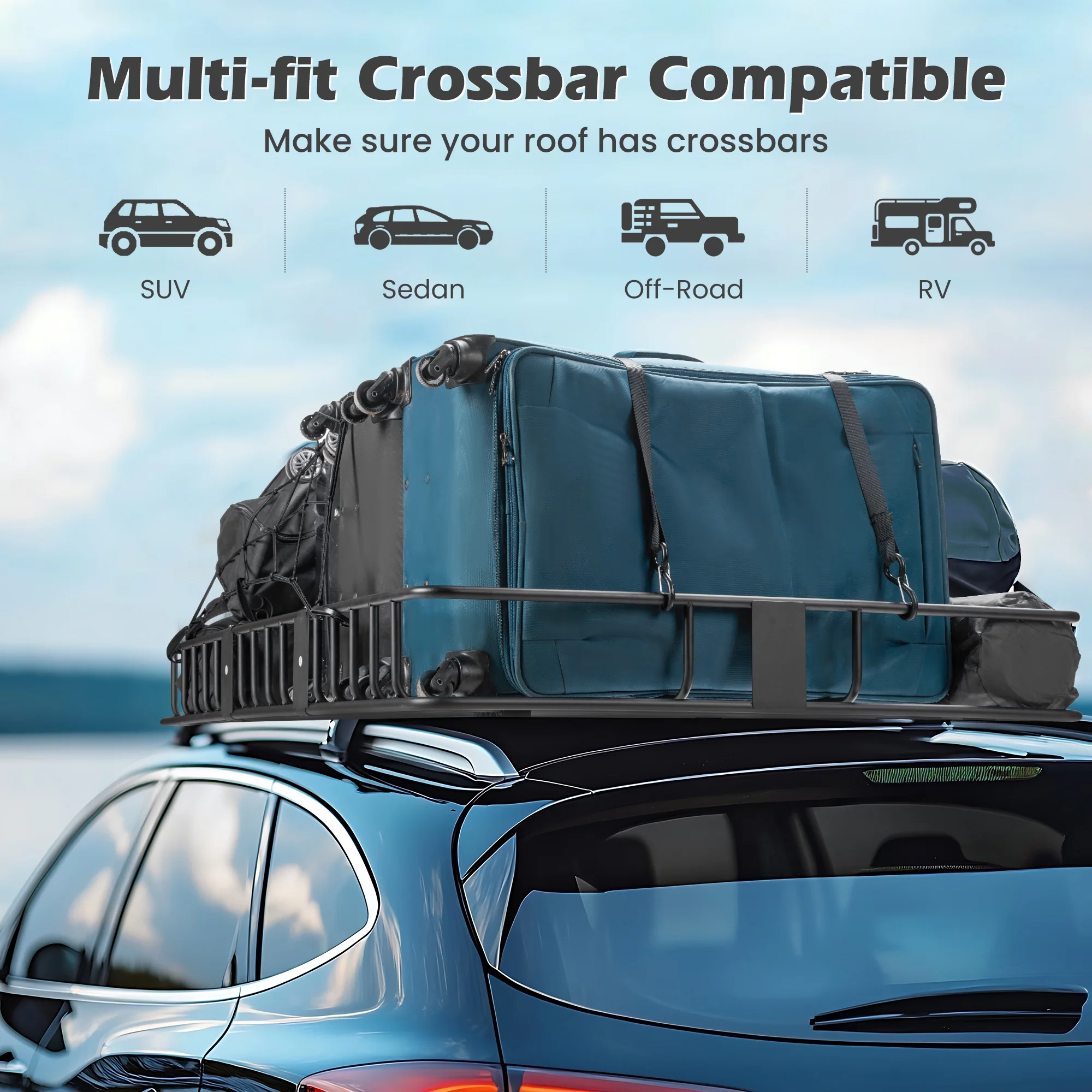 Roof Rack Cargo Basket,500 lb,64"x39"x6"Extendable Roof Luggage Holder Rack with 4 U-Bolts for SUV/RV,Camping - Image 3