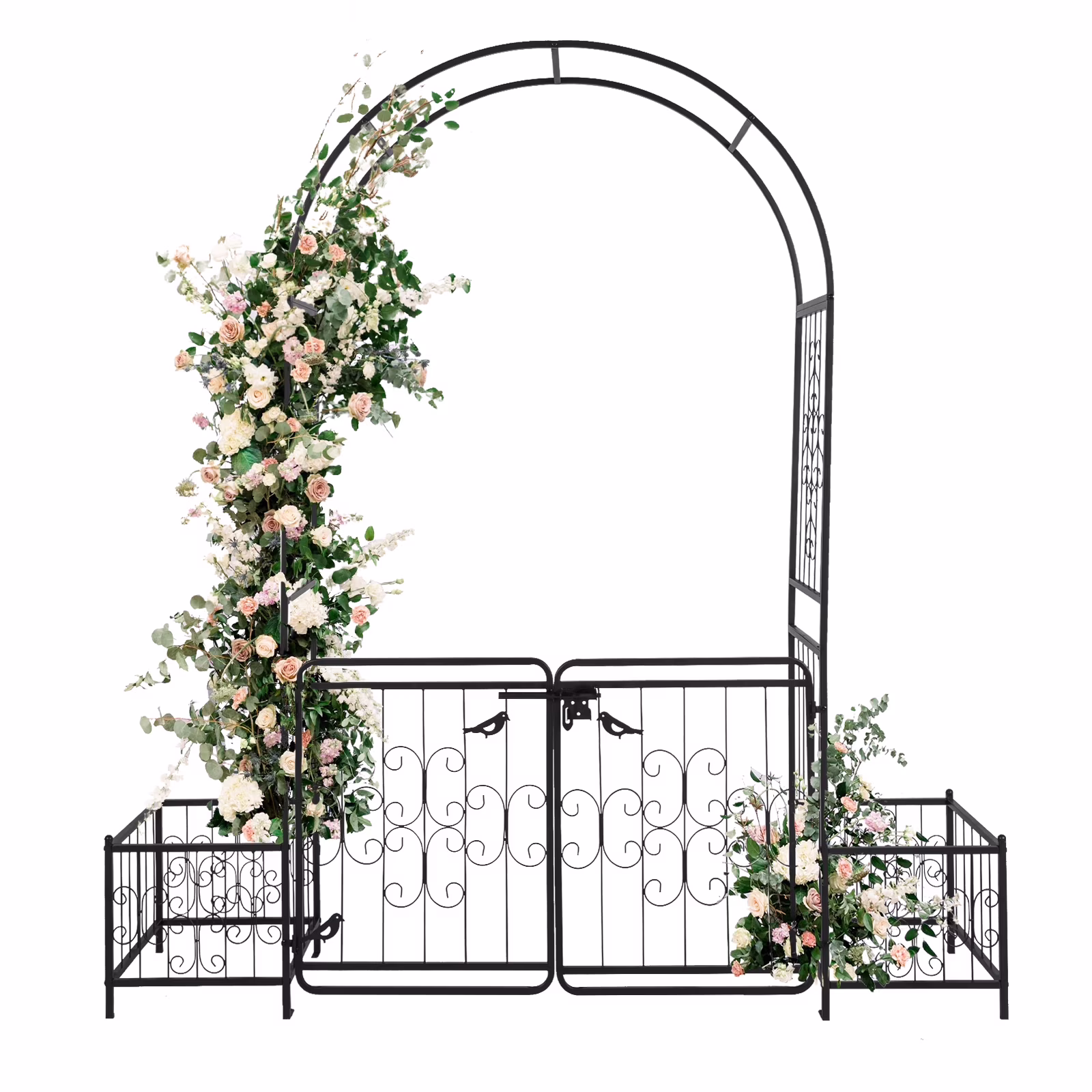 Metal Garden Arbor with Gate and Planter Box, 7.2FT Garden Trellis for Climbing Plants, Patio Wedding Party Lawn Arches Decoration, Black