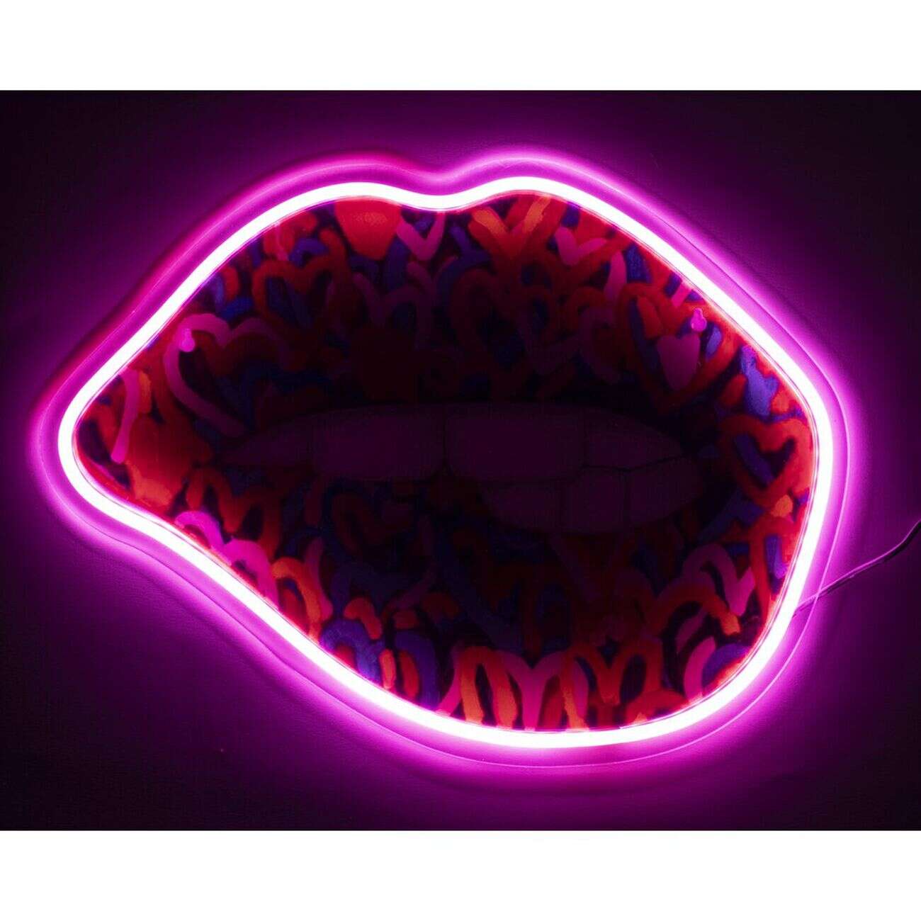 Tableau forme bouche street art PVC avec contour néon rose 30x40cm