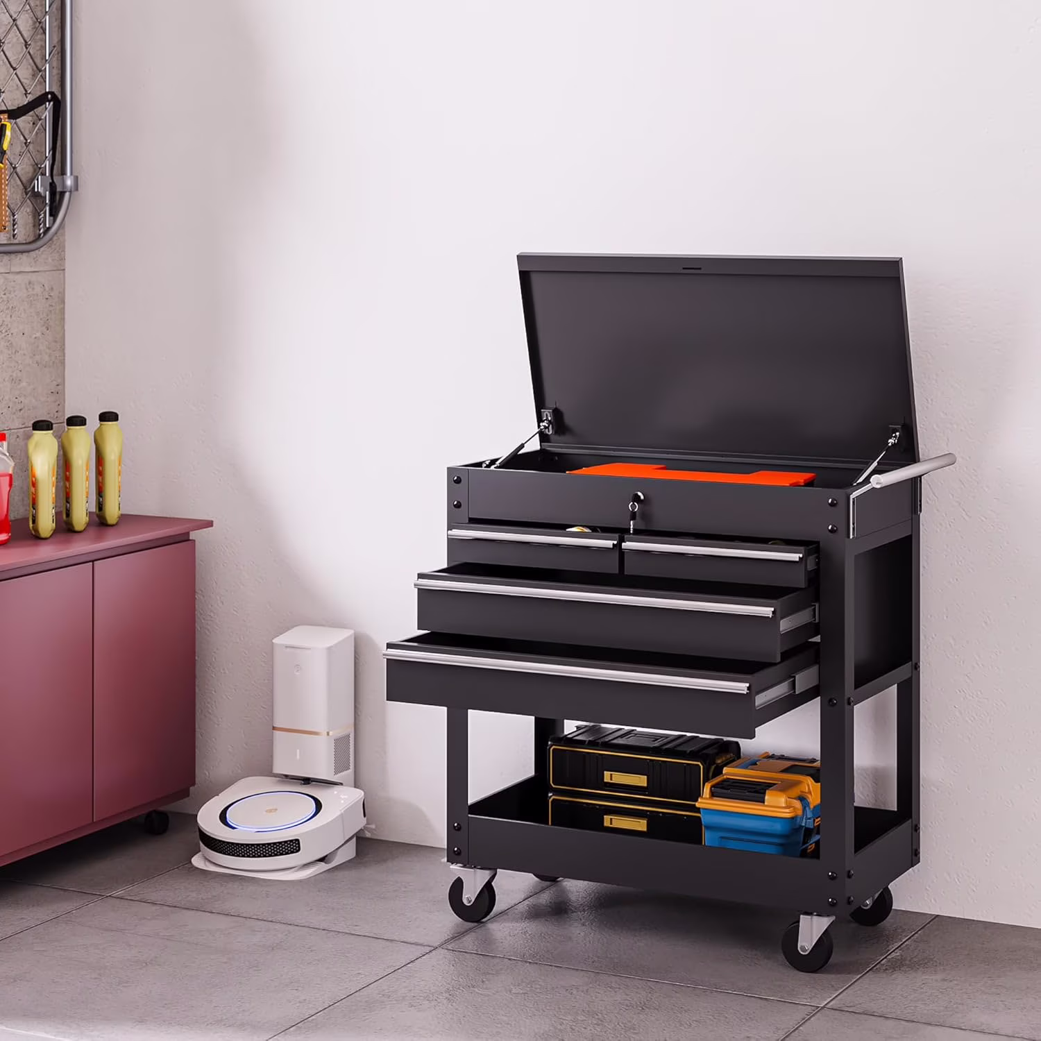 4-Drawer Heavy Duty Tool Cart On Wheels, Locking Rolling Tool Chest with 600+ Lbs Capacity, Powder-Coated Steel, Brake Casters & Multi-Tier Shelves for Garage, Workshop, and Job Site
