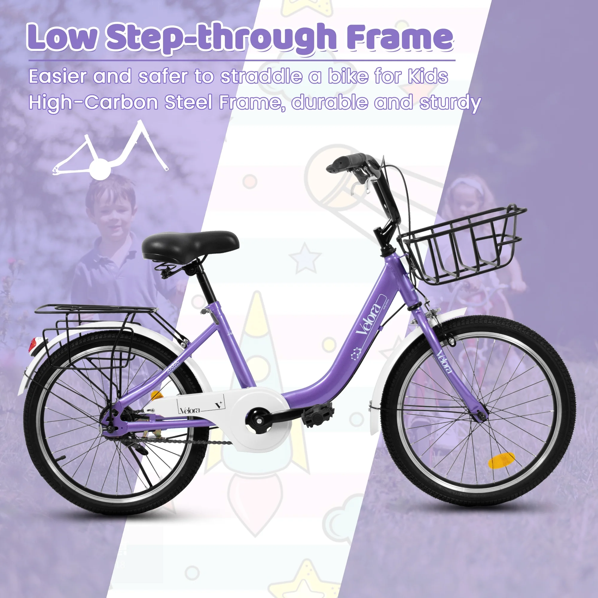 20 Inch Kids Bike for Boys Girls, 1 Speed Children Bicycle with Basket, Rear Seat, Chain Guard, Coaster Brake and V-Brake, Steel Frame Kids Bike for Ages 6-12 Years Old Birthday Gift, Purple(Purple) - Image 9