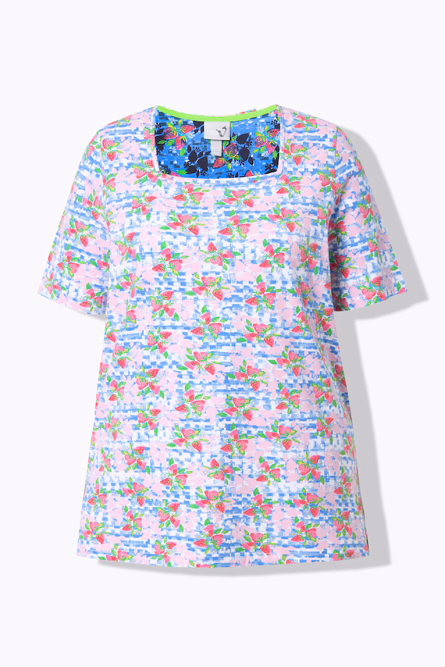 Checkered Strawberry Print Short Sleeve Square Neck Tee