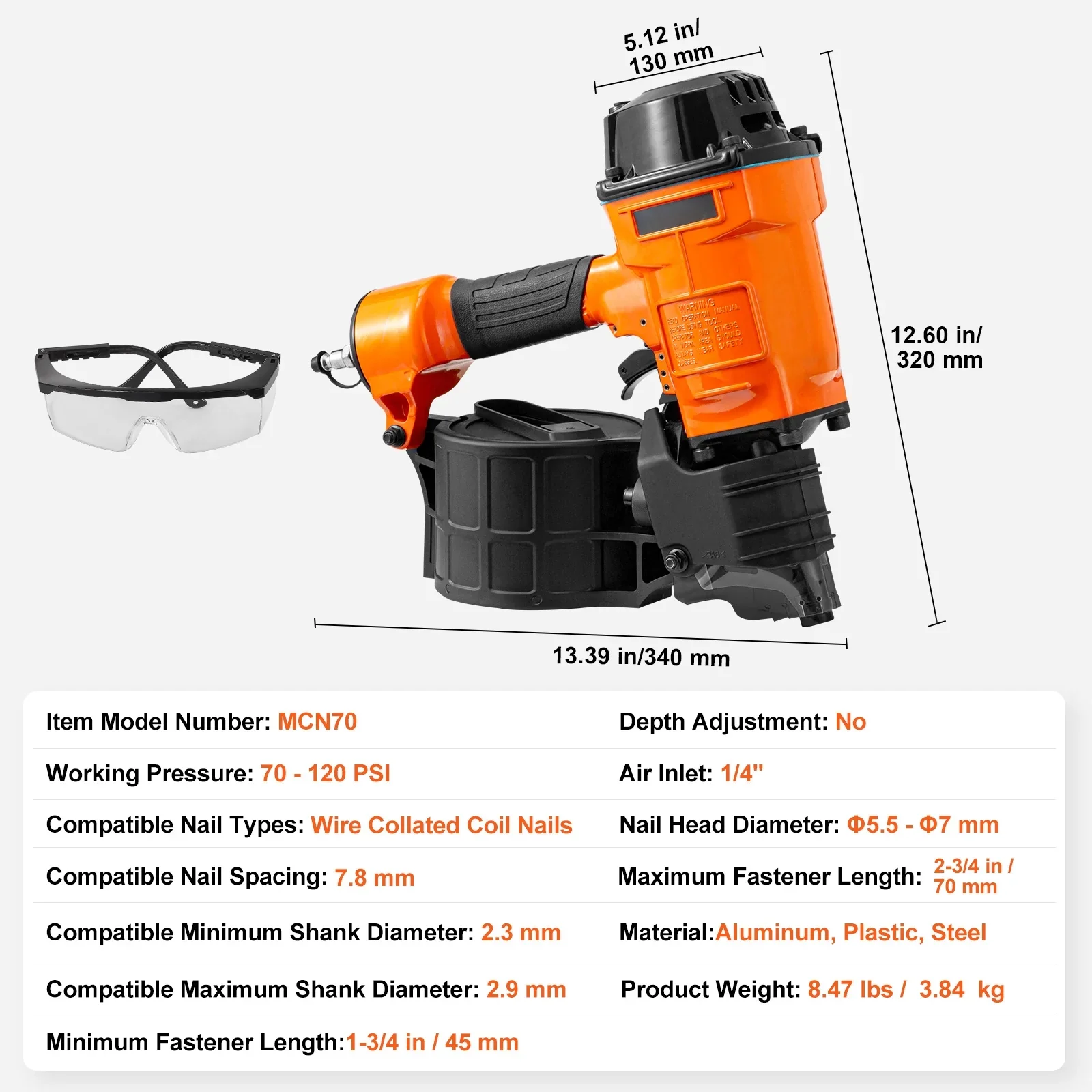 KFFKFF Pneumatic Coil Siding Nailer MCN70, Compatible with 1-3/4 to 2-3/4 Nails, 15 Degree Angle, 70-120PSI, Ideal for Pallets, Crates, Frames, Siding & Fences