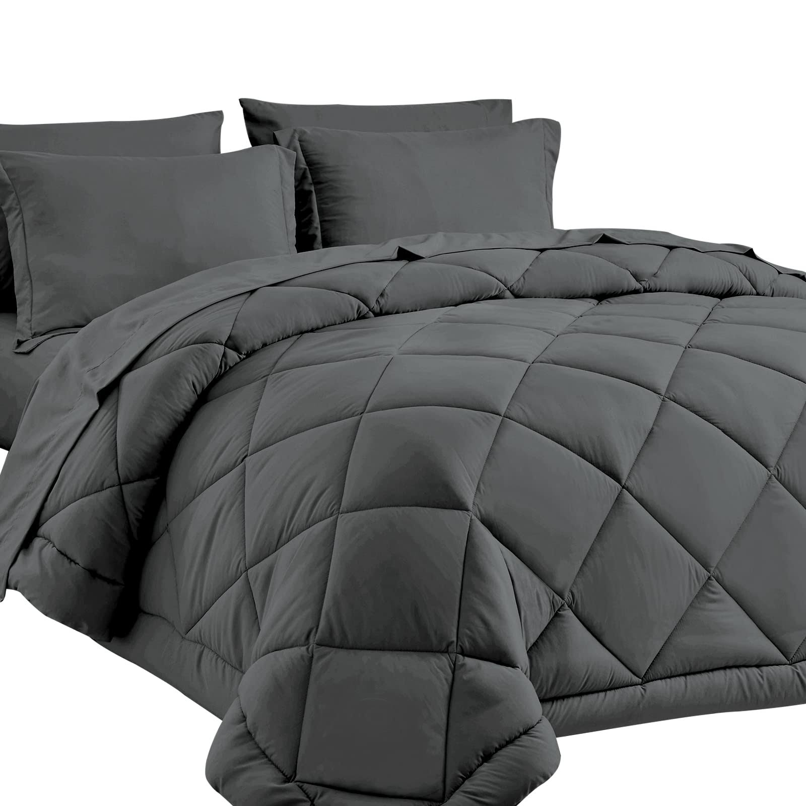 CozyLux Queen Bed in A Bag 7-Pieces Comforter Sets with Comforter and Sheets Dark Grey All Season Bedding Sets with Comforter, Pillow Shams, Flat