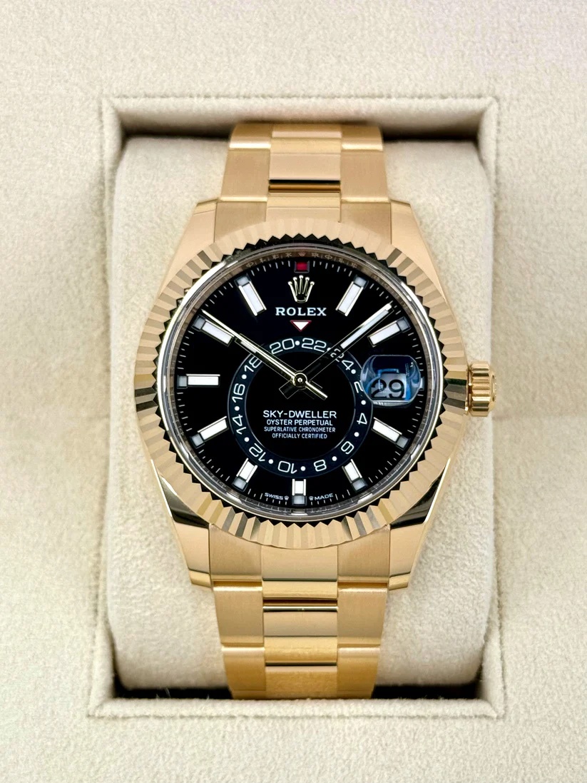 [Super Clone]RLX  Sky-Dweller 42mm Yellow Gold Black Dial Oyster - 336938