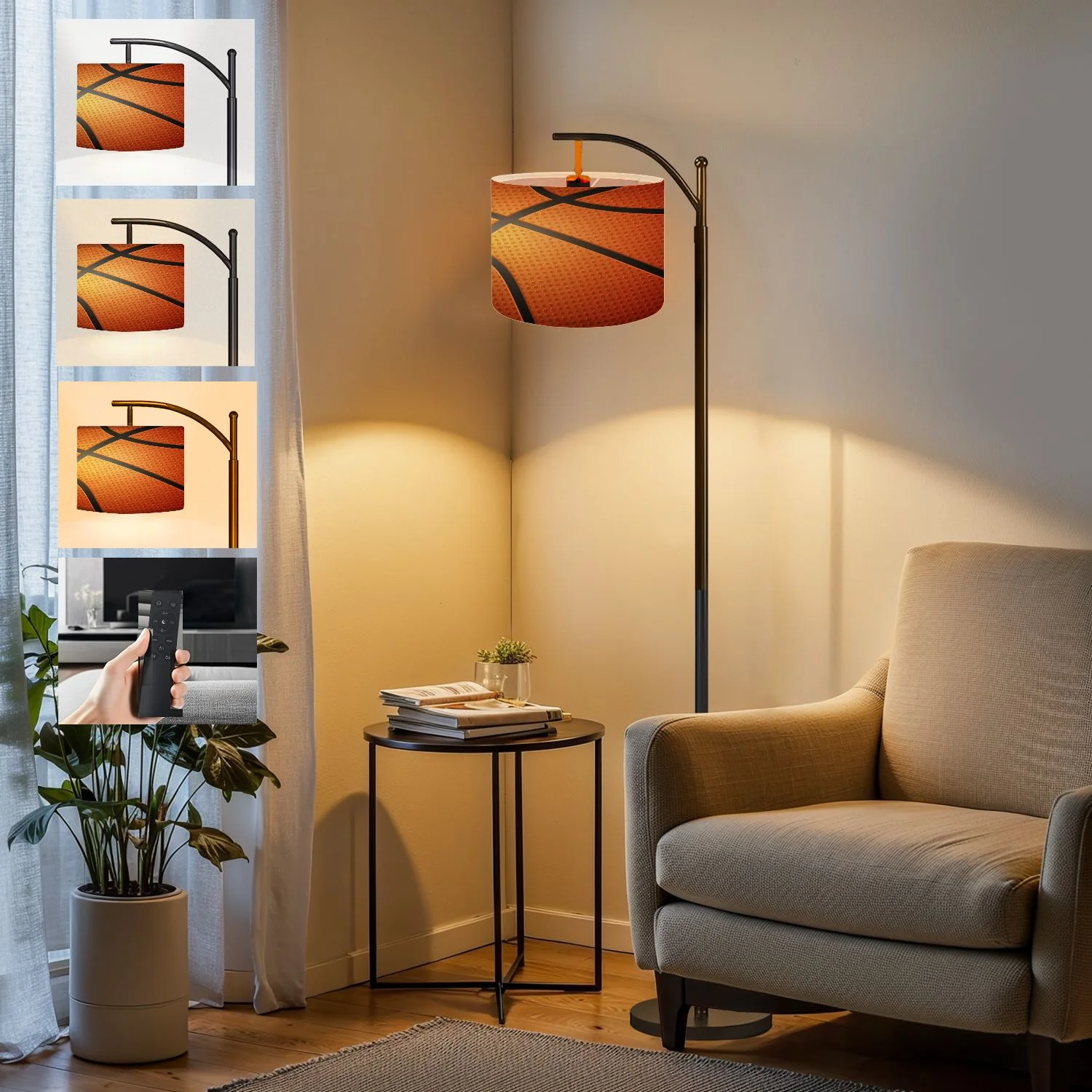Arc Floor Lamp Basketball Ball Detail Leather Texture Tall Modern Standing Lamp LED Adjustable Linen Lampshade 3 Color Temperatures
