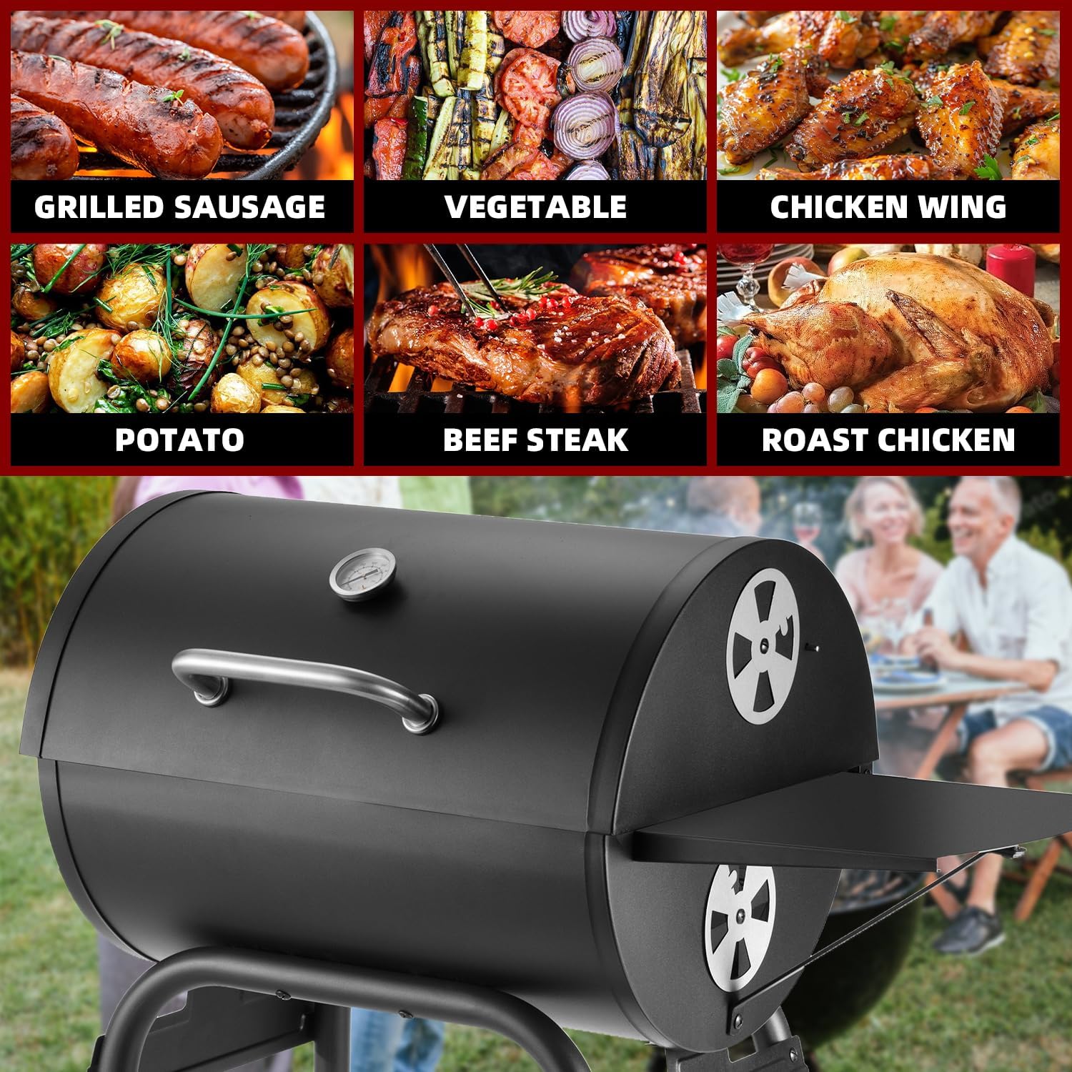 Charcoal Grill with Side Table, Barrel BBQ Grill with 500 Square Inches Cooking Area