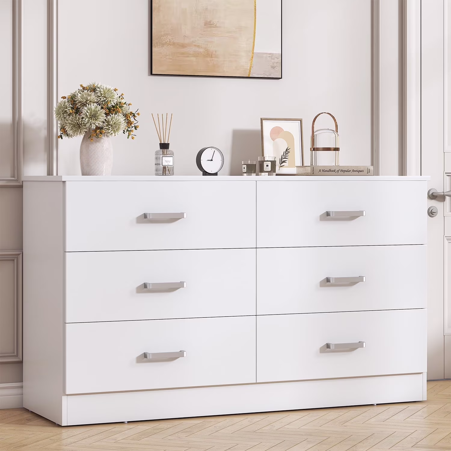 6 Drawer White Double Dresser, Wood Storage Cabinet with Easy Pull Out Handles for Living Room,Chest of Drawers for Bedroom(White)