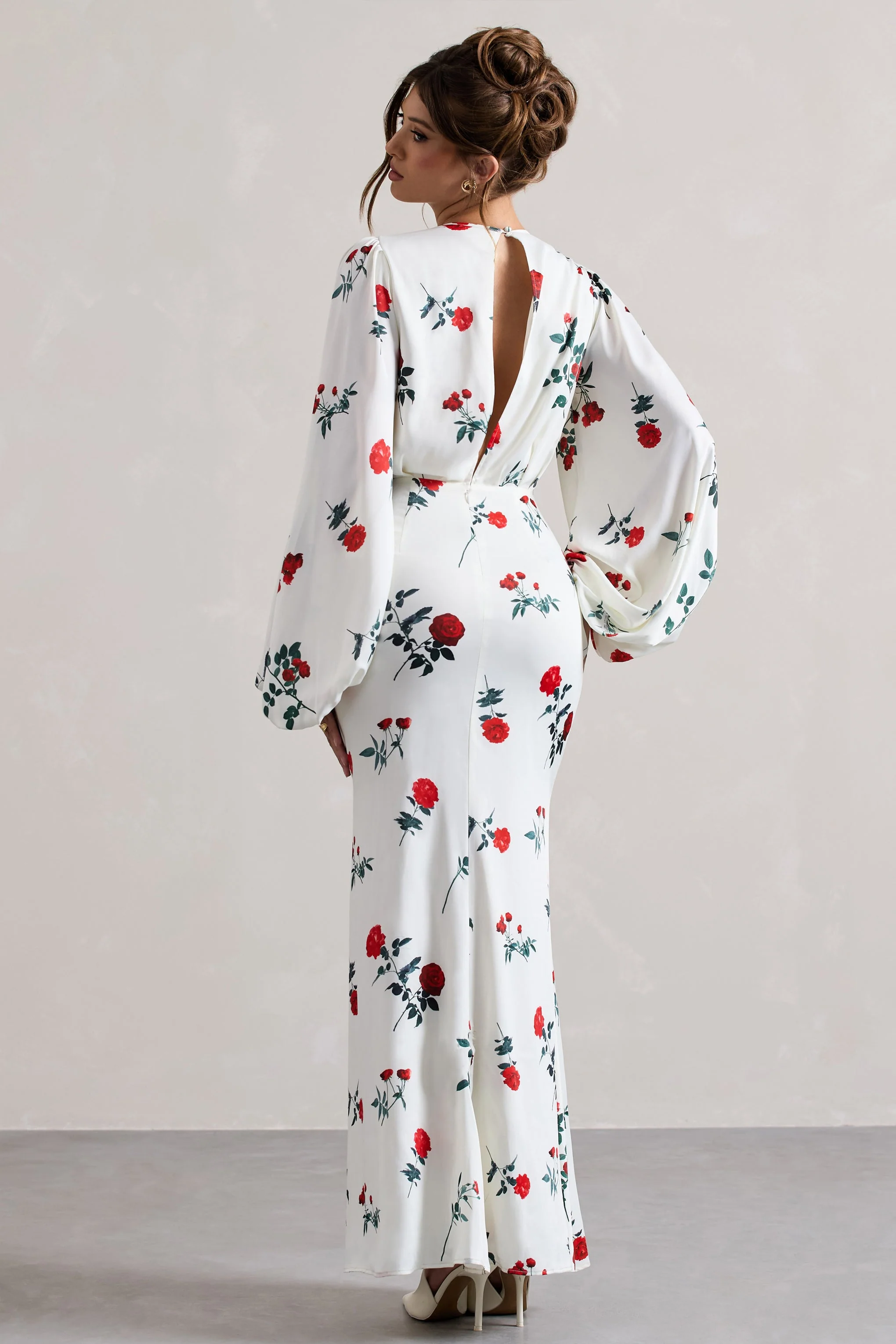 Wild Rose | Rose Print Satin Puff-Sleeve Cut-Out Maxi Dress