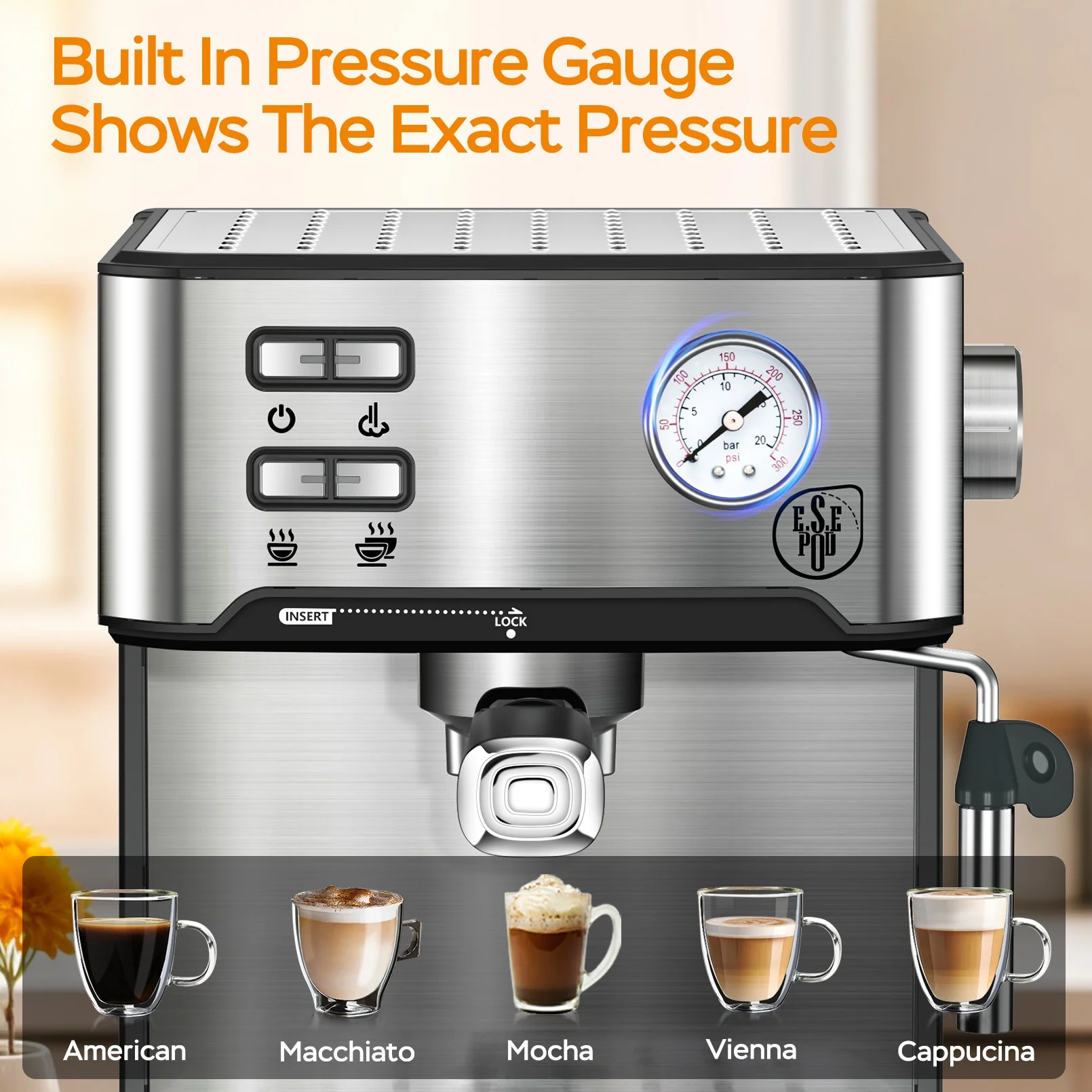 Plum Chef Espresso Coffee Machine, 20 Bar Cappuccino Latte Maker Coffee Machine with ESE POD Capsules Filter&Milk Frother, 1.6 L Water Tank, for Home Barista, Stainless Steel, 850W