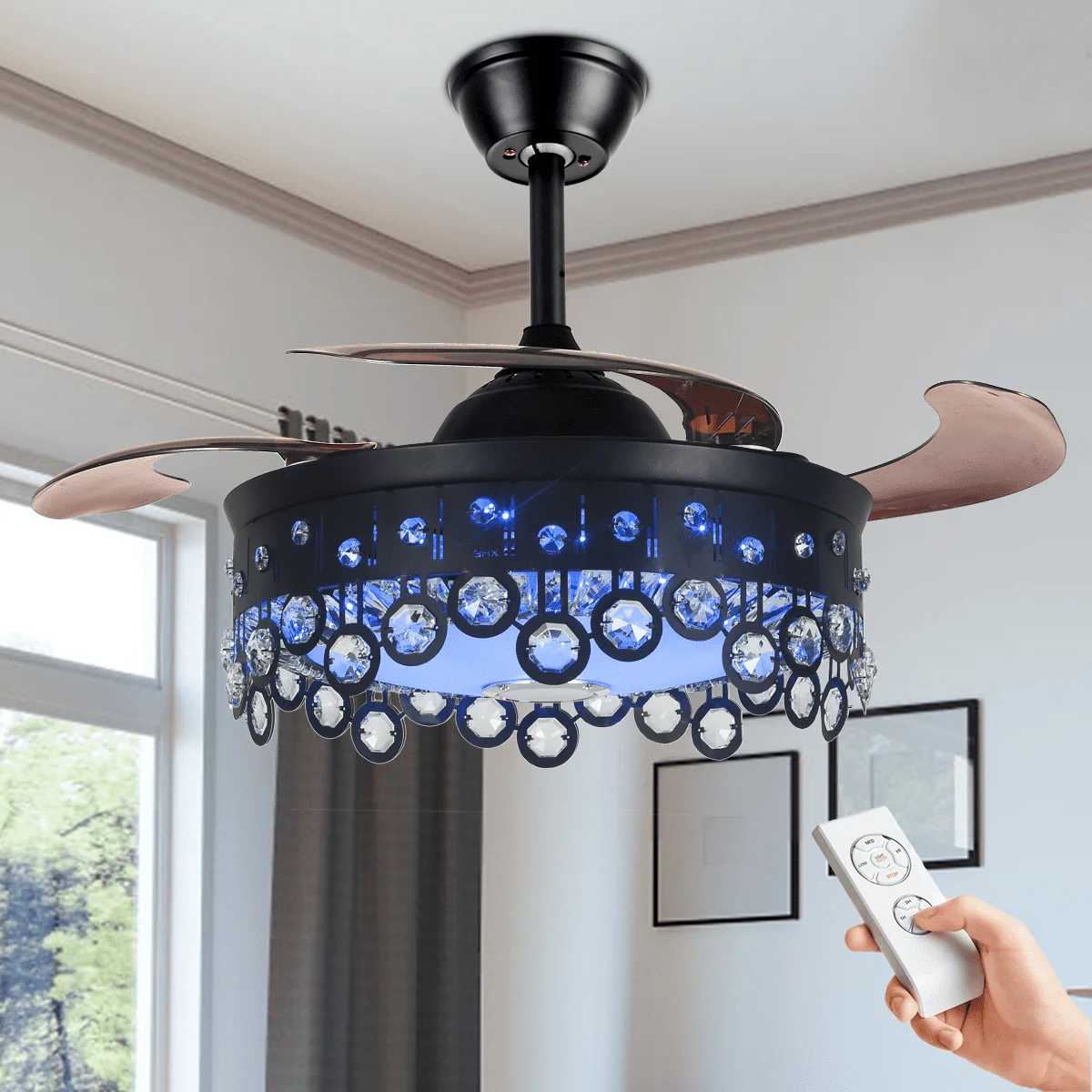 AFANQI 42" Black Modern Fandelier Ceiling Fan with Light Remote, Retractable Bluetooth Ceiling Fan with 7 Colors Silent Motor Crystal Chandelier